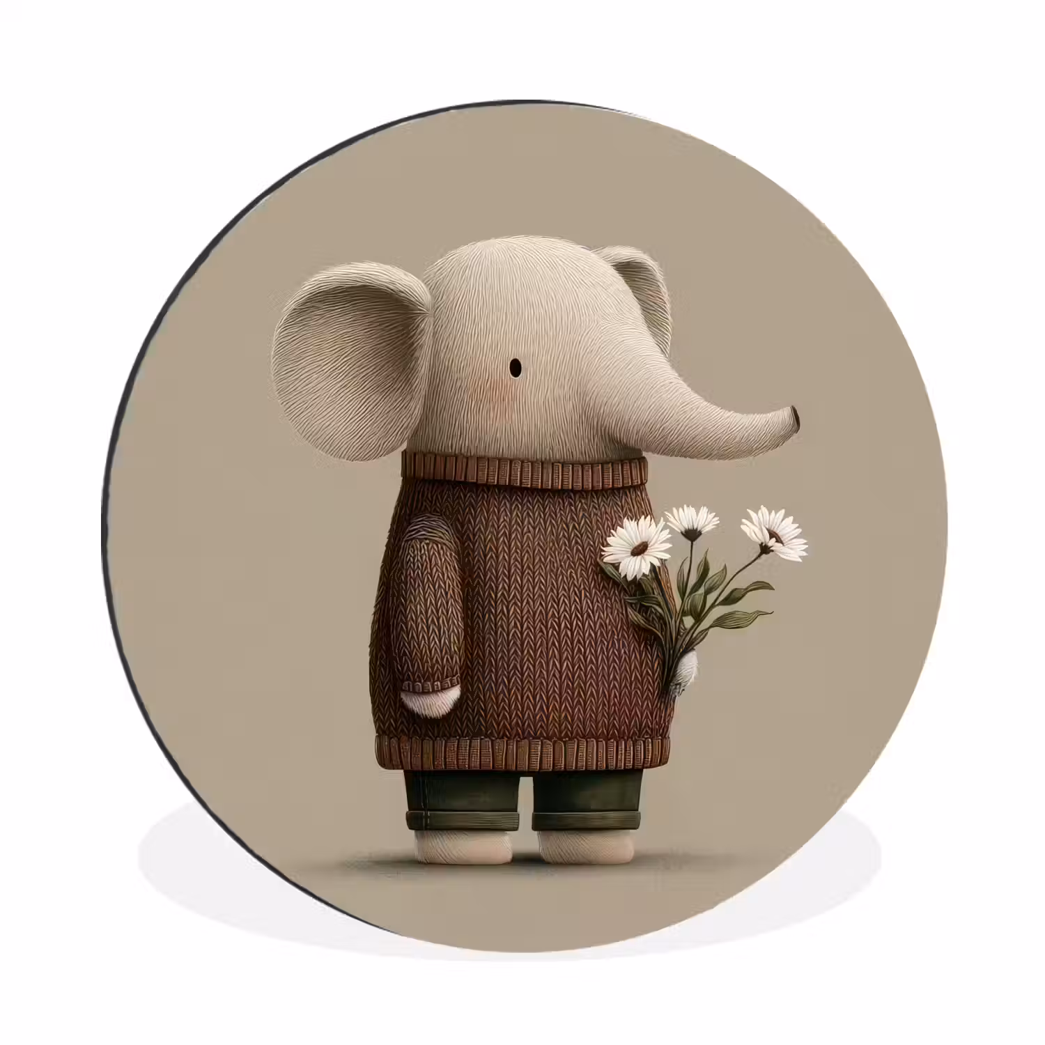 Olifant - Witte bloemen - Kindvriendelijk Wandcirkel aluminium klein -3d