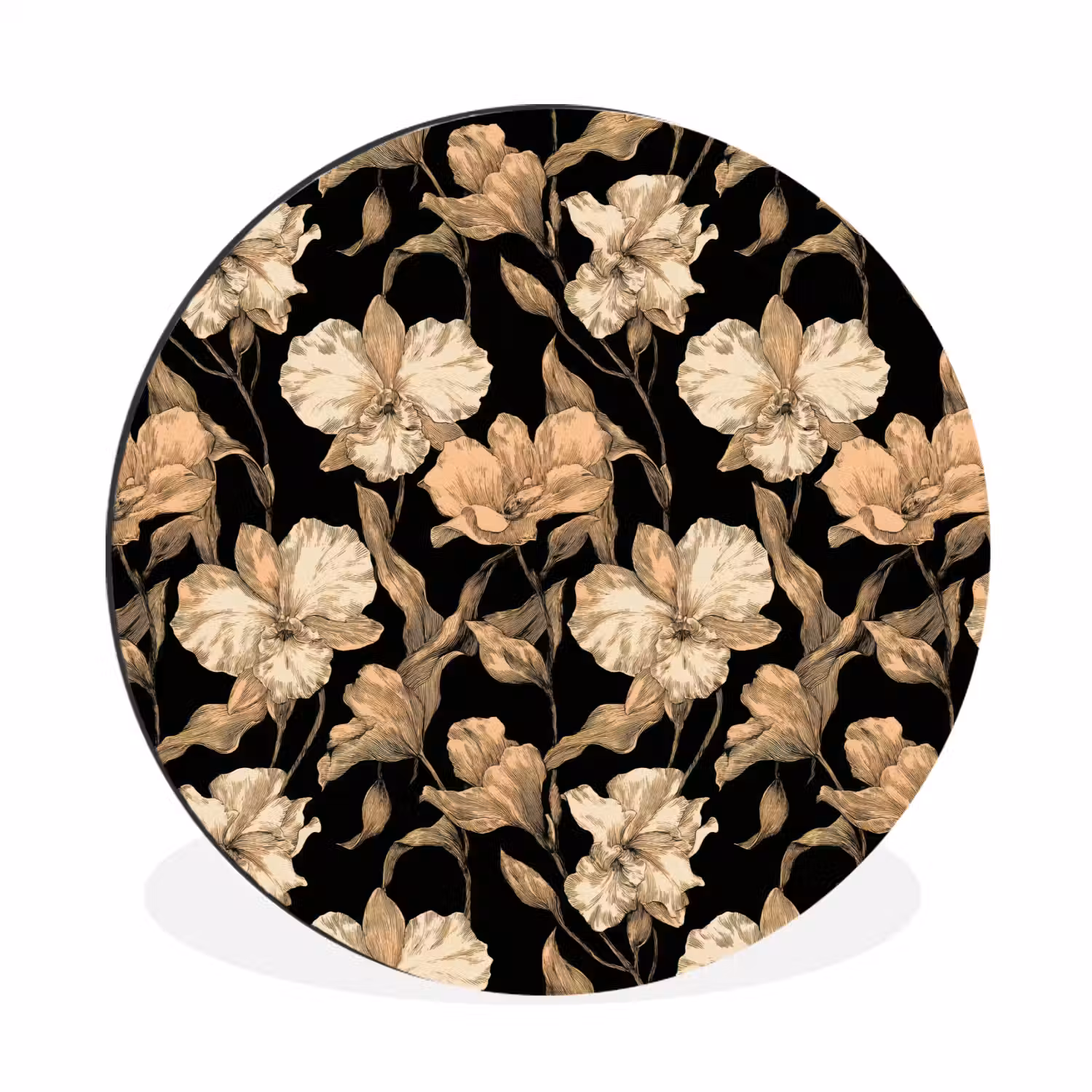 Orchideeën - Lijntekening - Patroon - Beige - Zwart Wandcirkel aluminium klein 190 -3d