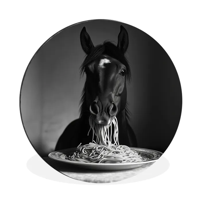 Paard - Bord - Pasta - Tafelkleed - Zwart Wit - Dieren Wandcirkel aluminium klein -3d