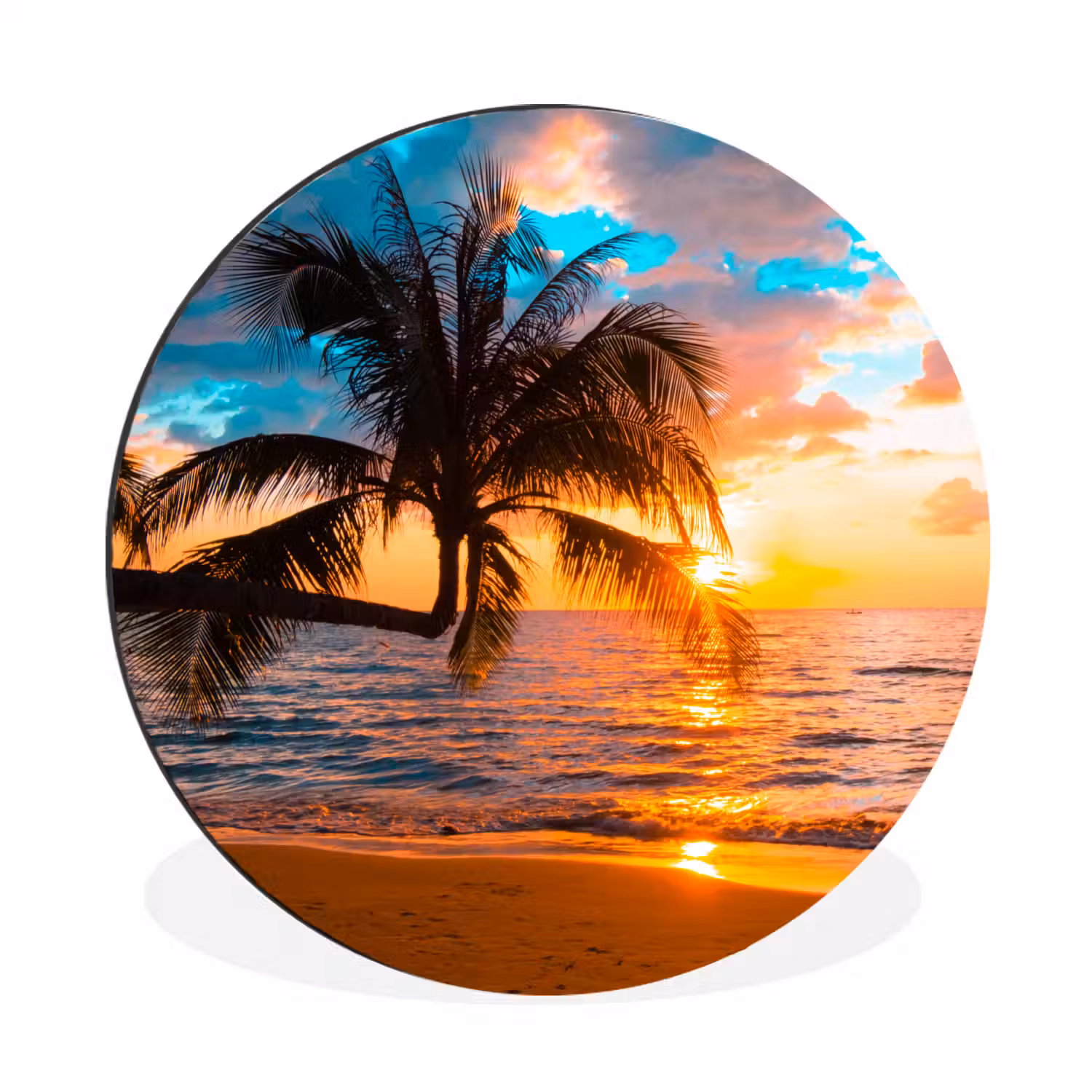 Palm - Zonsondergang - Horizon - Strand - Zee Wandcirkel aluminium klein -3d