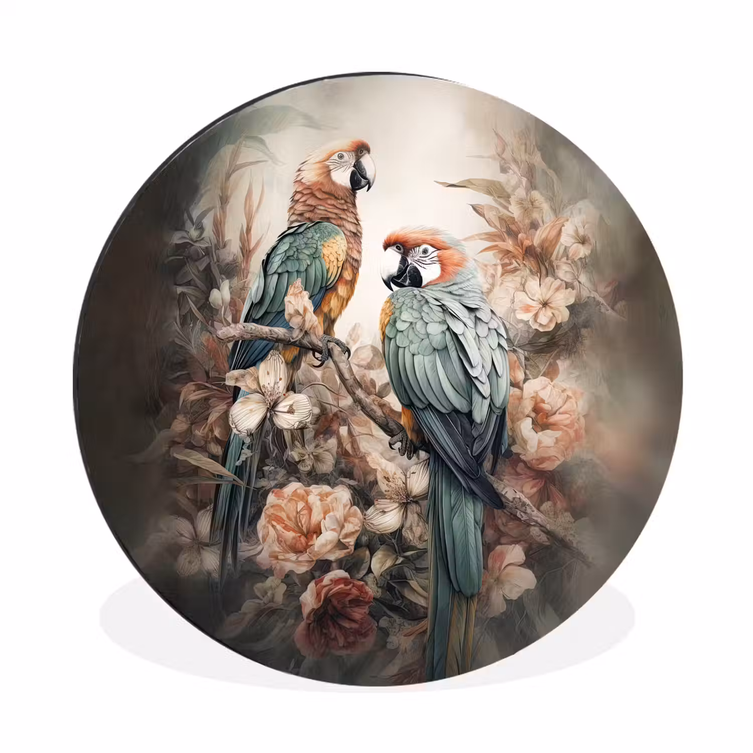 Papegaaien - Vogels - Natuur - Bloemen Wandcirkel aluminium klein -3d