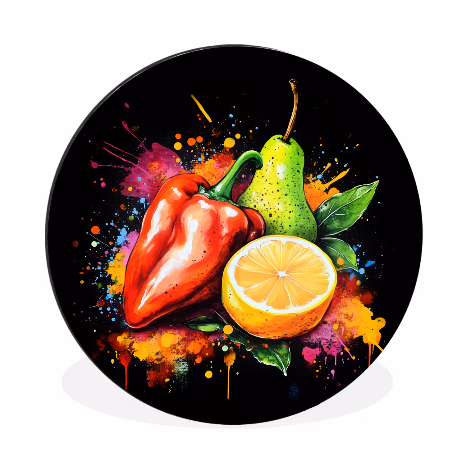 Paprika - Peer - Citroen - Graffiti - Verf - Abstract Wandcirkel aluminium klein -3d