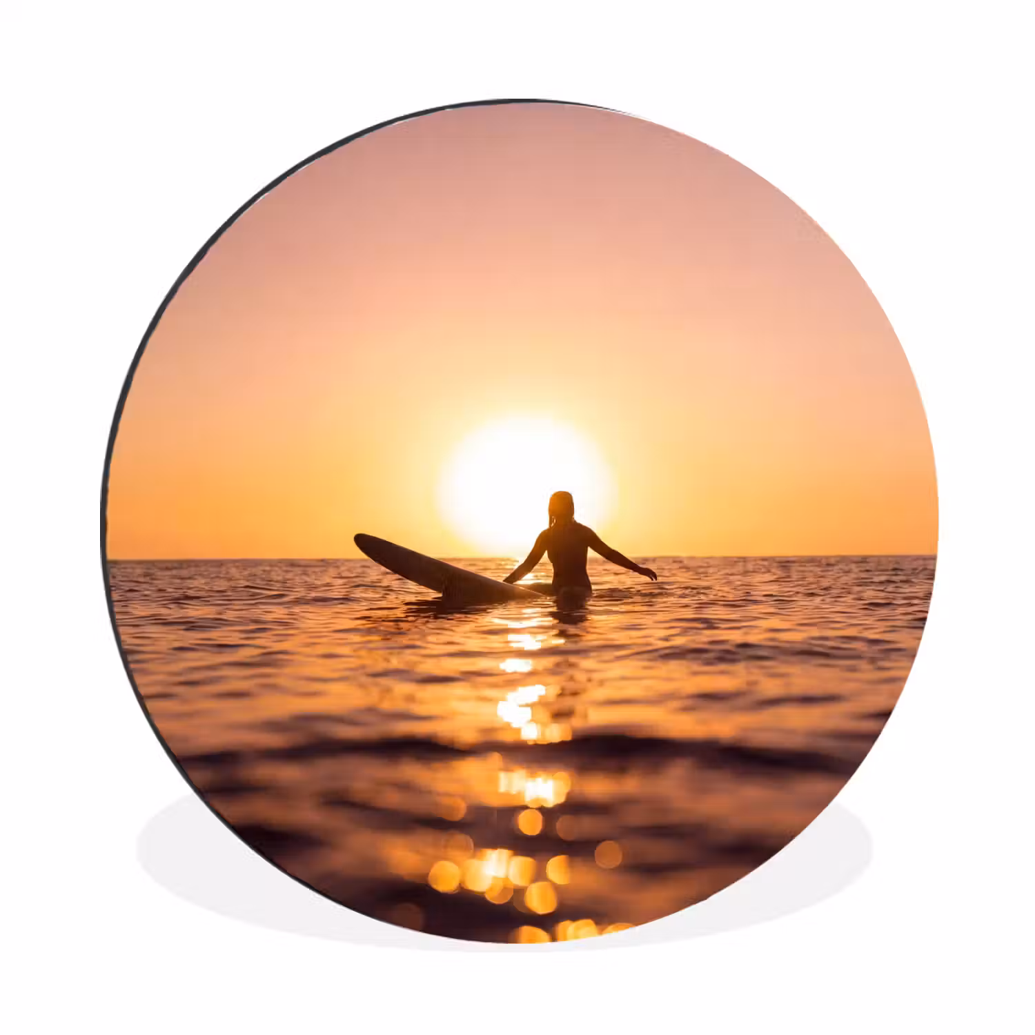 Persoon - Surfen - Zonsondergang - Zee - Oranje Wandcirkel aluminium klein -3d
