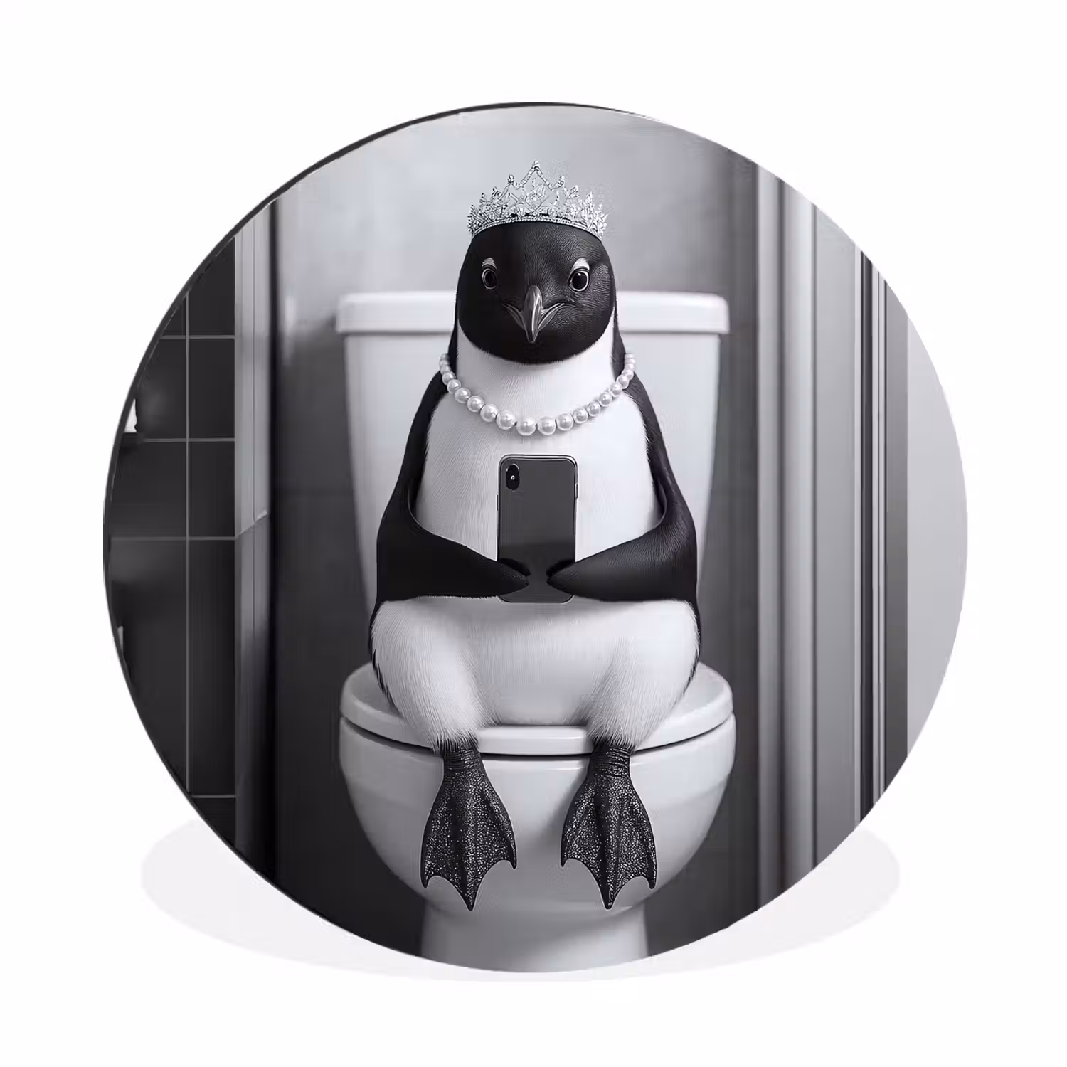 Pinguïn - Telefoon - Toilet - Zwart - Wit Wandcirkel aluminium klein -3d