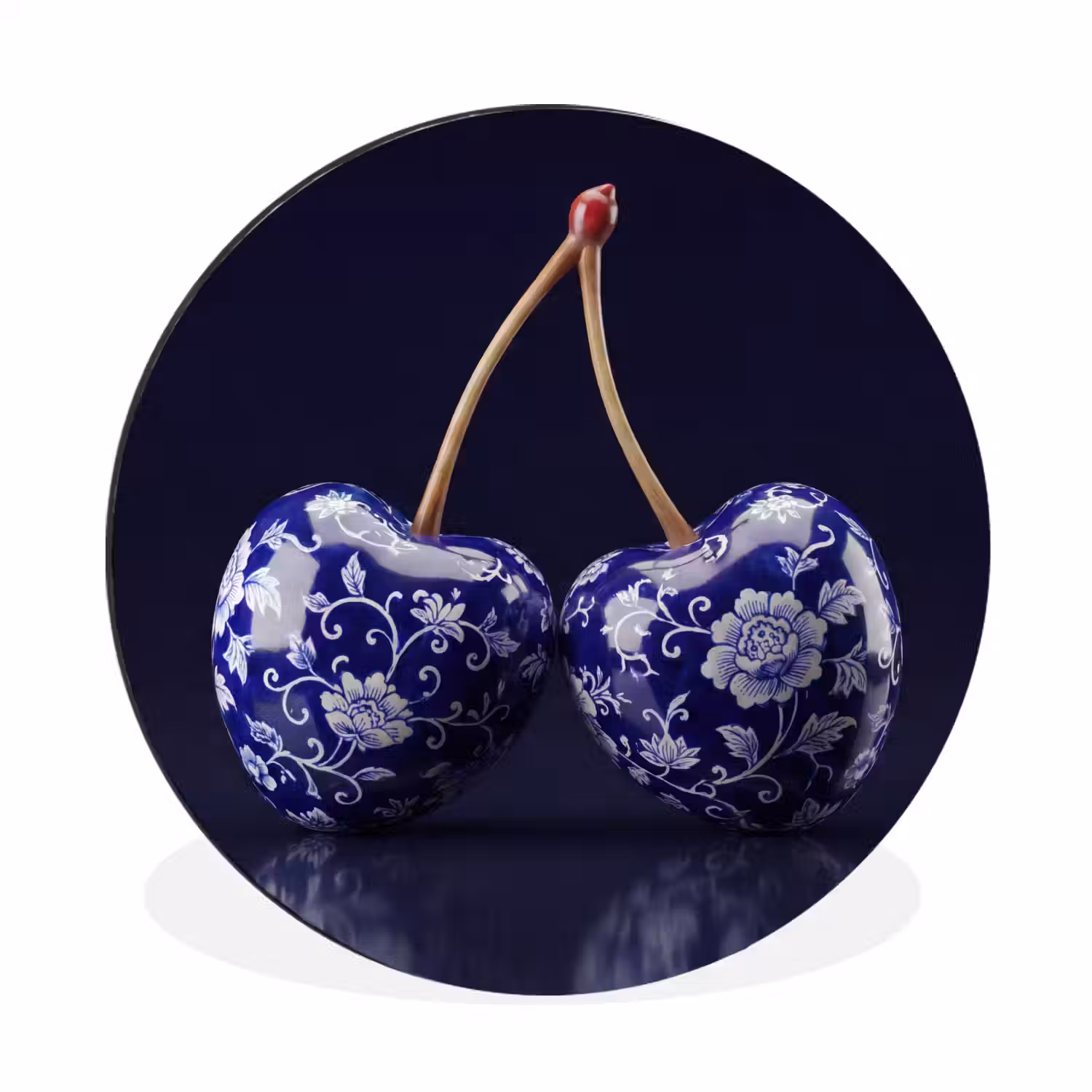 Porselein- Kersen - Delfts - Blauw Wandcirkel aluminium klein -3d