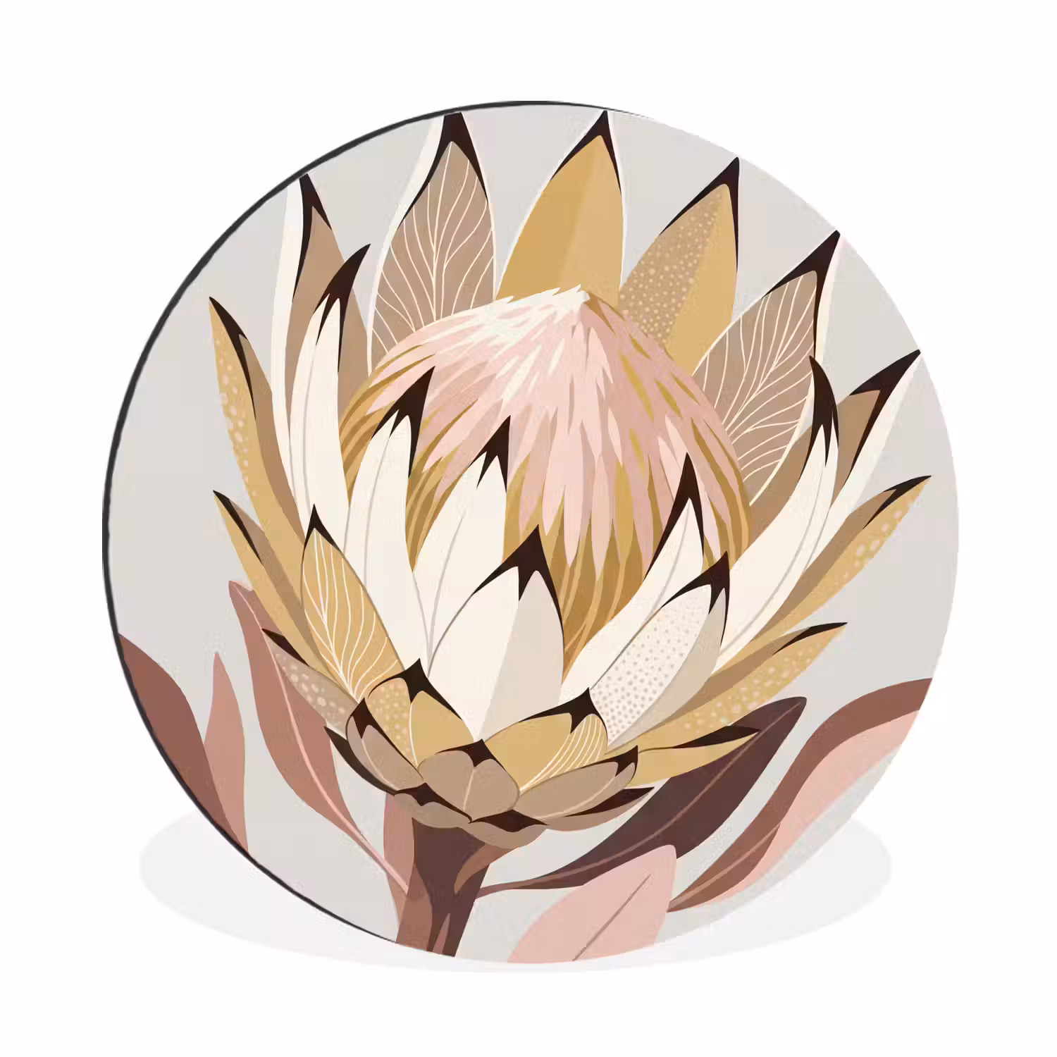 Protea - Bloem - Botanisch - Beige Wandcirkel aluminium klein -3d