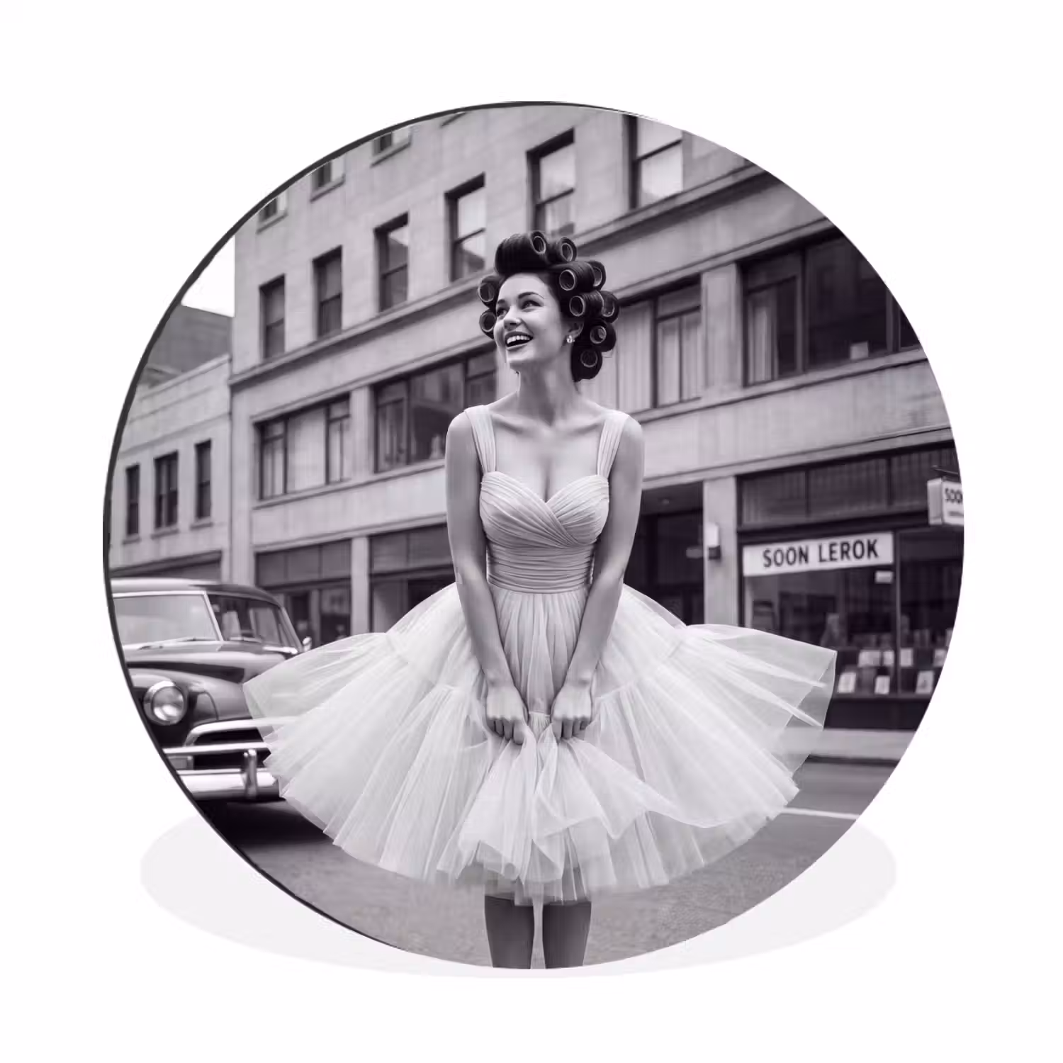 Retro - Vrouw - Zwart - Wit Wandcirkel aluminium klein -3d