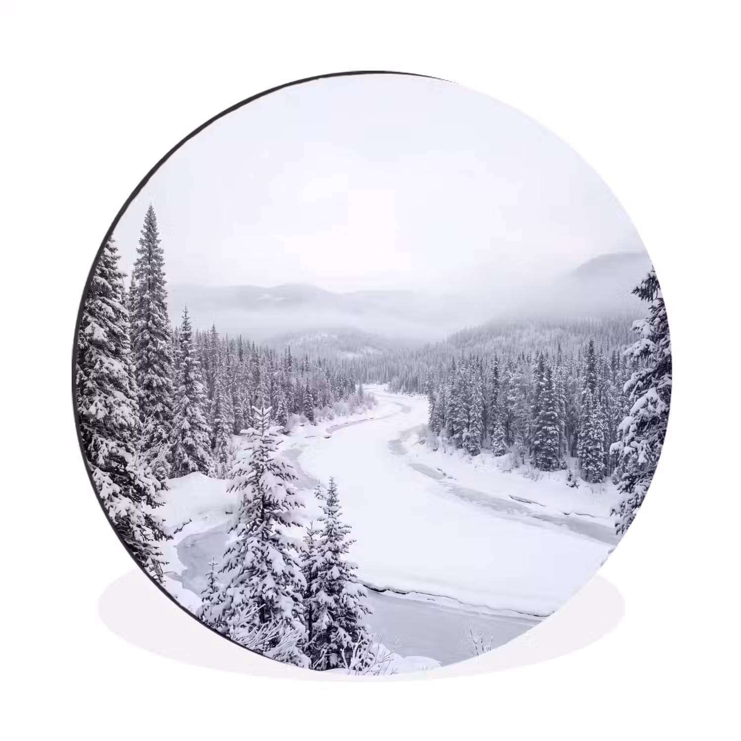 Rivier - Bevroren - Landschap - Winter Wandcirkel aluminium klein -3d