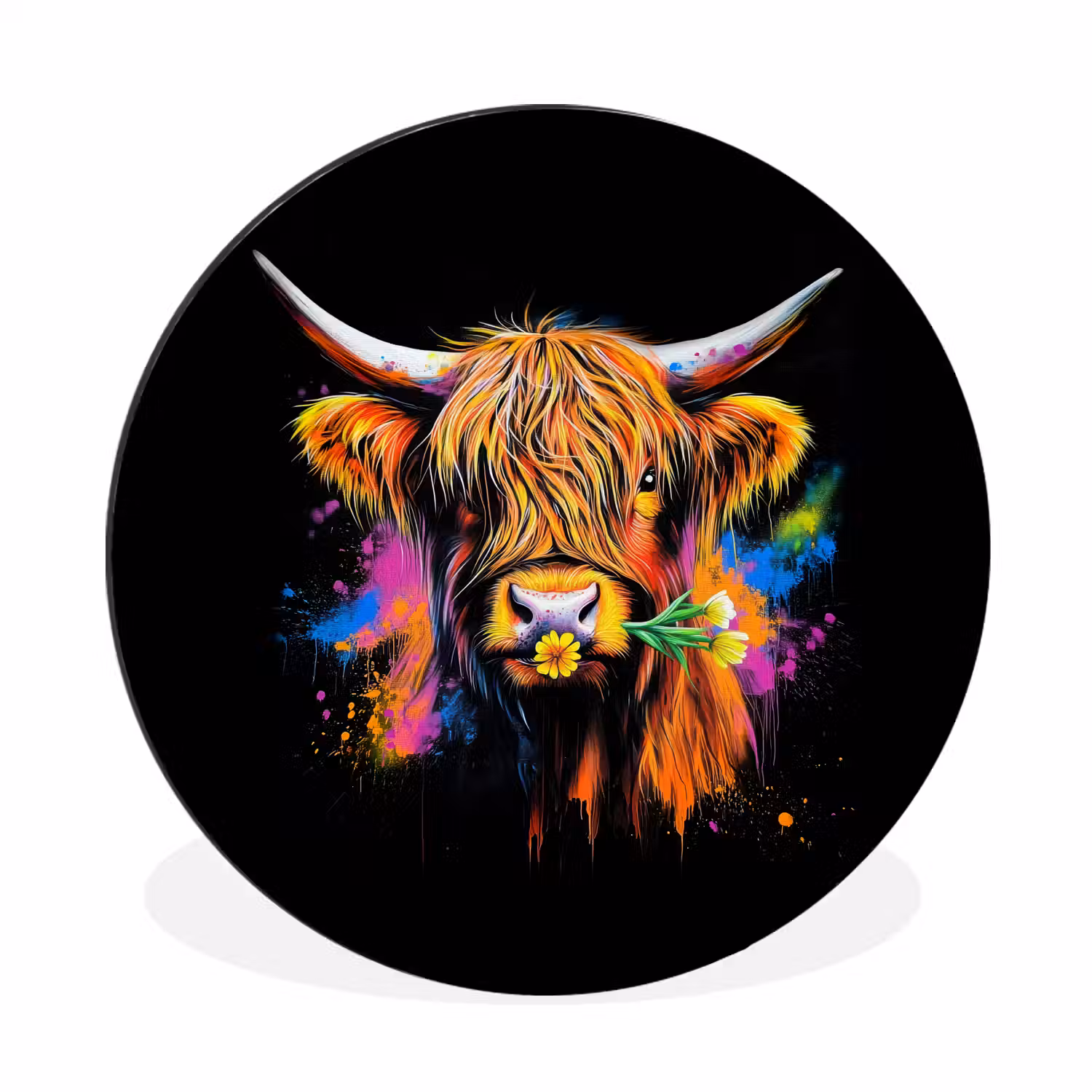 Schotse Hooglander - Graffiti - Kleurrijk - Bloem - Dieren Wandcirkel aluminium klein -3d