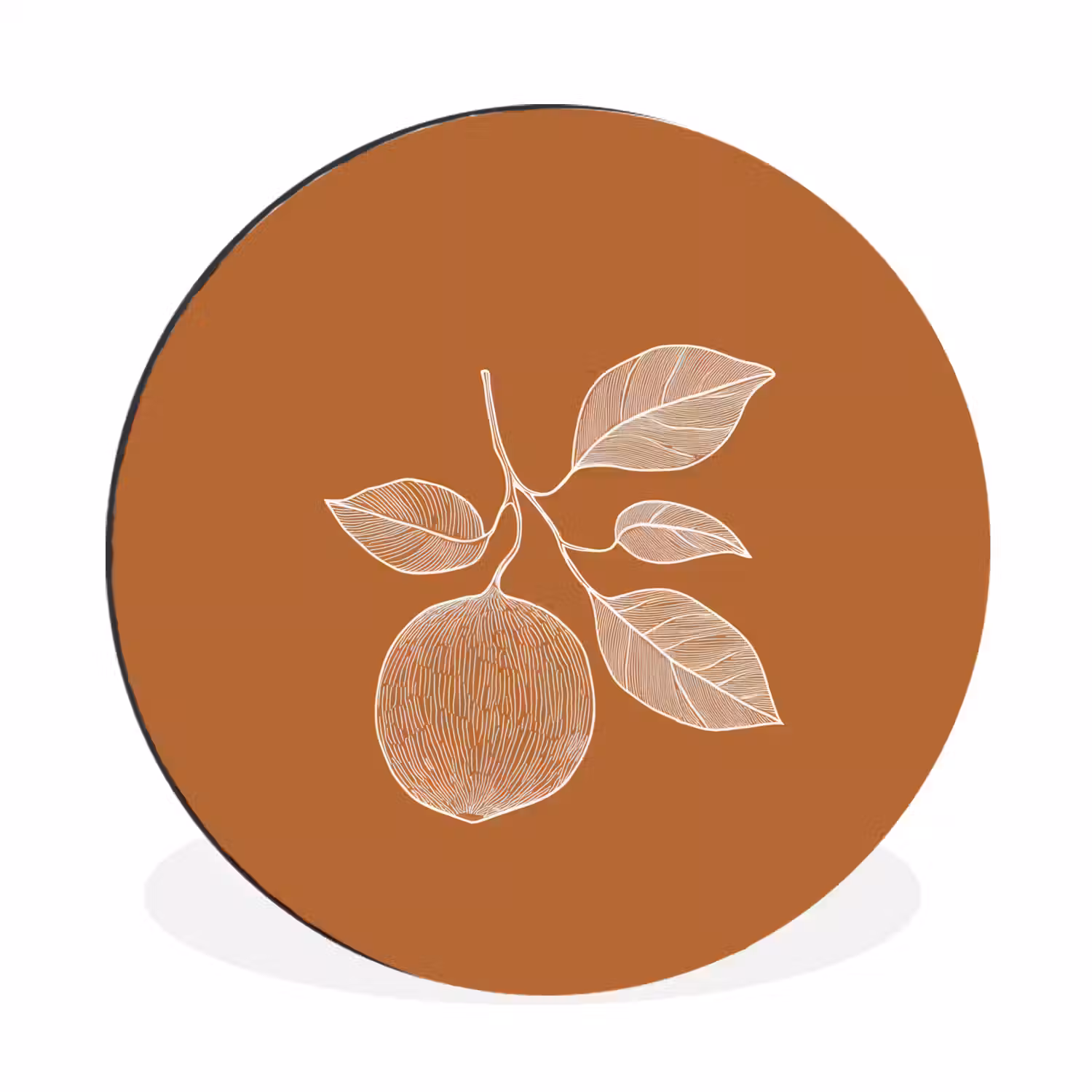 Sinaasappel - Getekend - Bladeren - Bruin Wandcirkel aluminium klein -3d