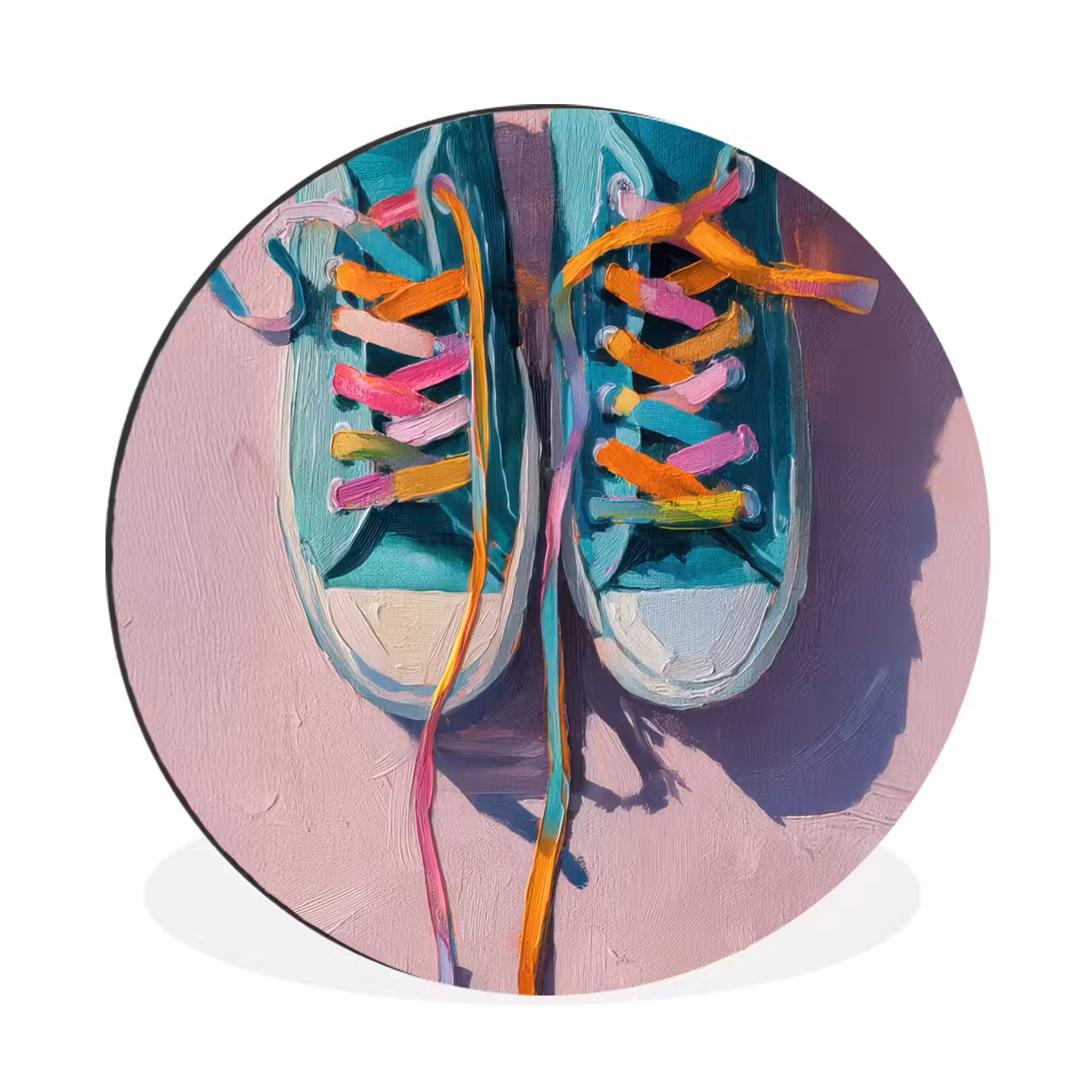 Sneakers - Veters - Kleurrijk - Schaduw Wandcirkel aluminium klein -3d