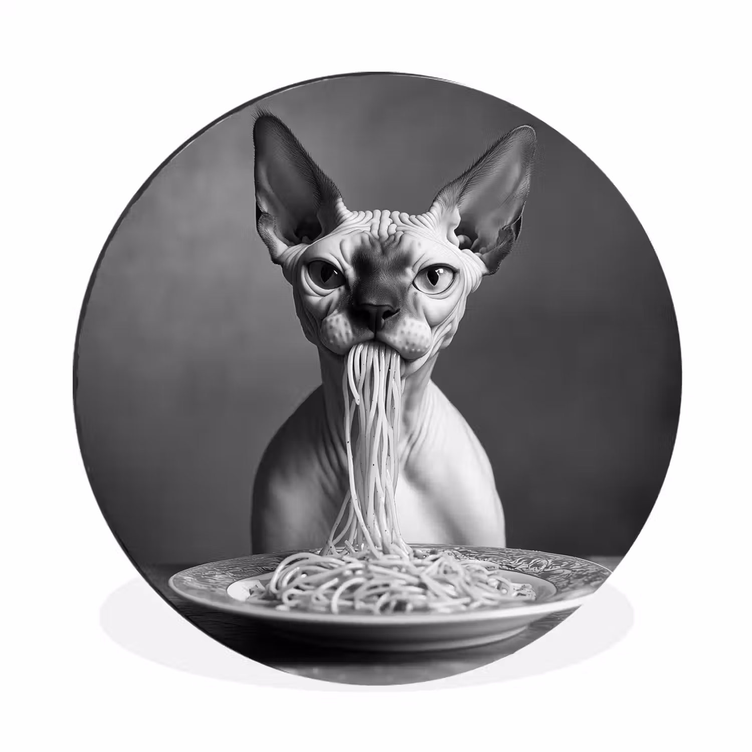 Sphynx - Kat - Dieren - Humor - Spaghetti - Zwart Wit Wandcirkel aluminium klein -3d