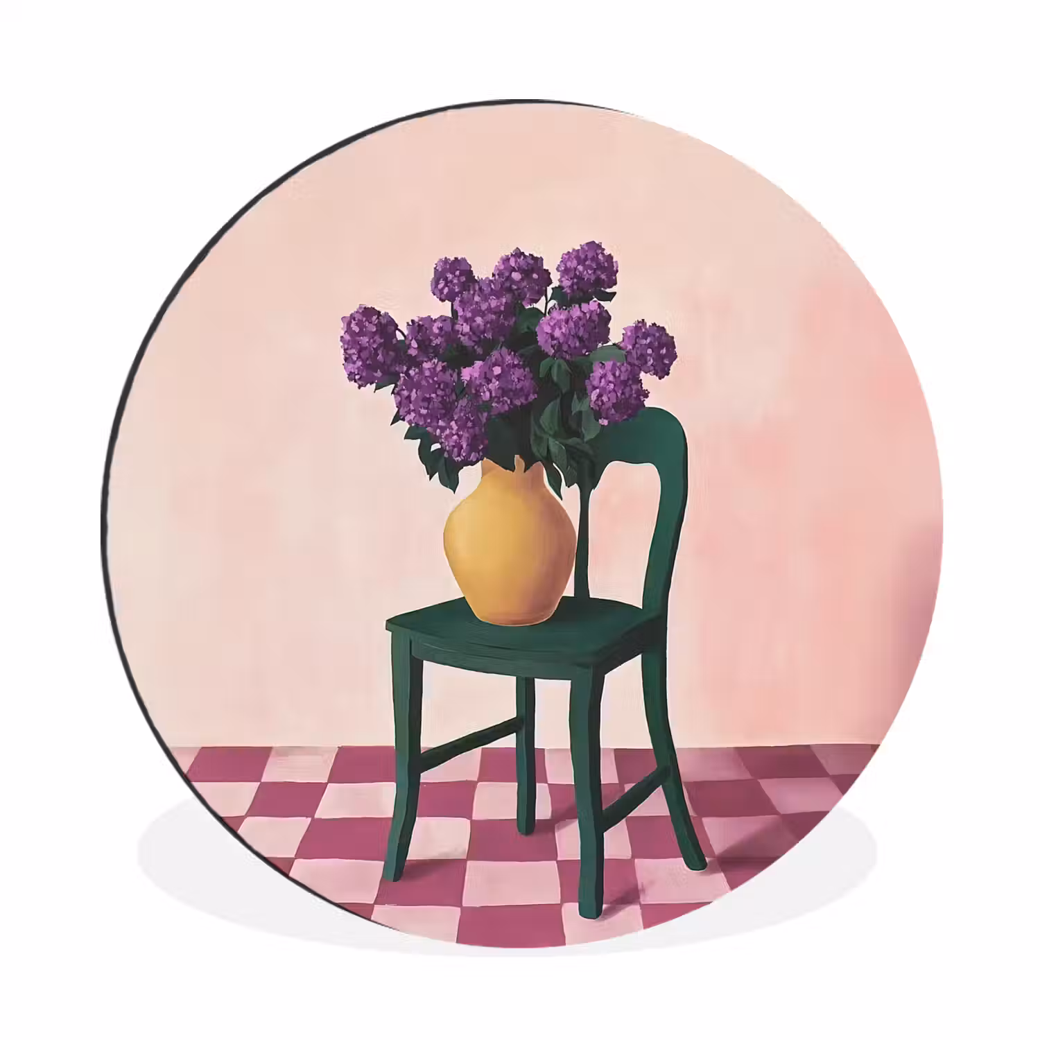 Stoel - Vaas - Bloemen - Geblokt Wandcirkel aluminium klein -3d