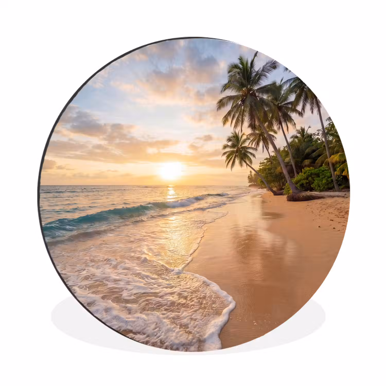 Strand - Zonsondergang - Tropisch - Natuur - Goud Wandcirkel aluminium klein -3d