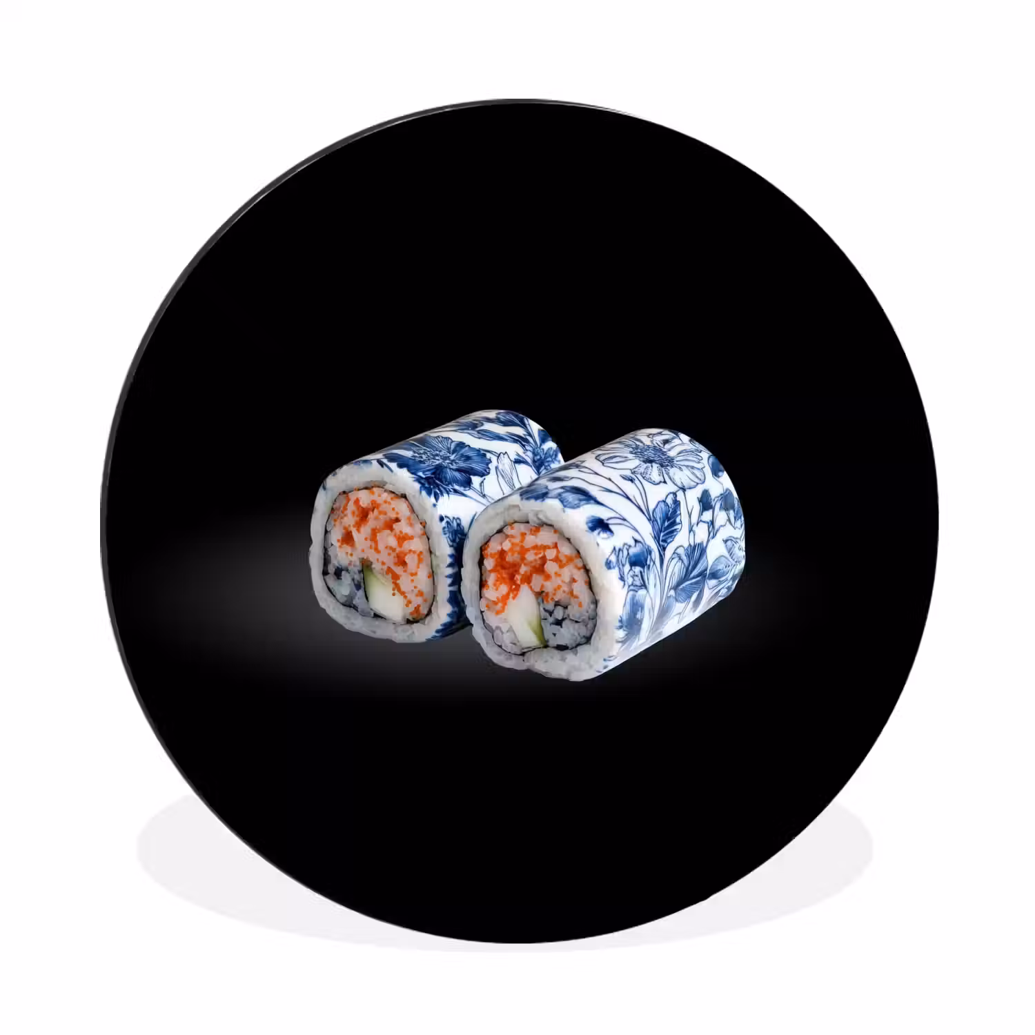 Sushi - Delfts blauw - Rijst - Vis - Elegant Wandcirkel aluminium klein -3d