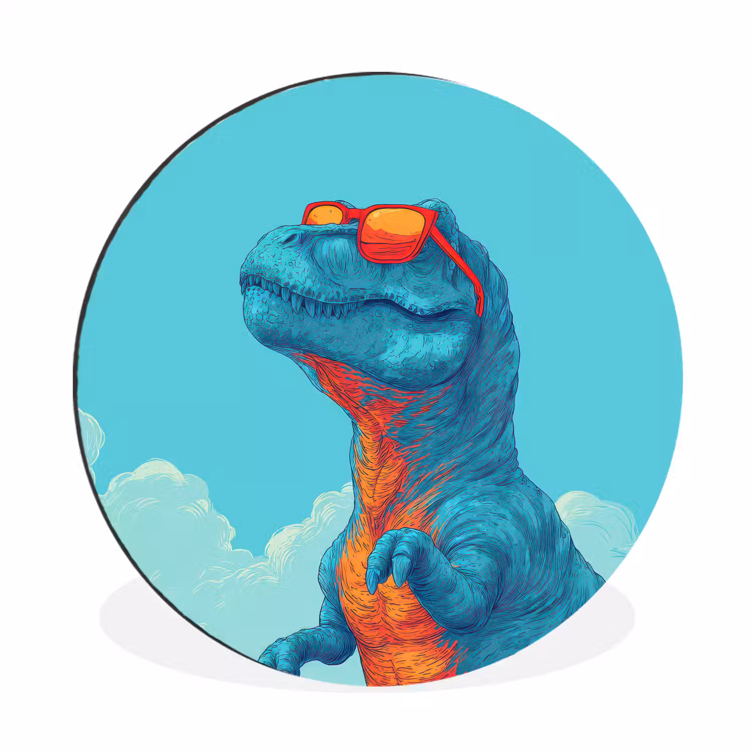 T-Rex - Blauw - Wolken - Zonnebril Wandcirkel aluminium klein -3d