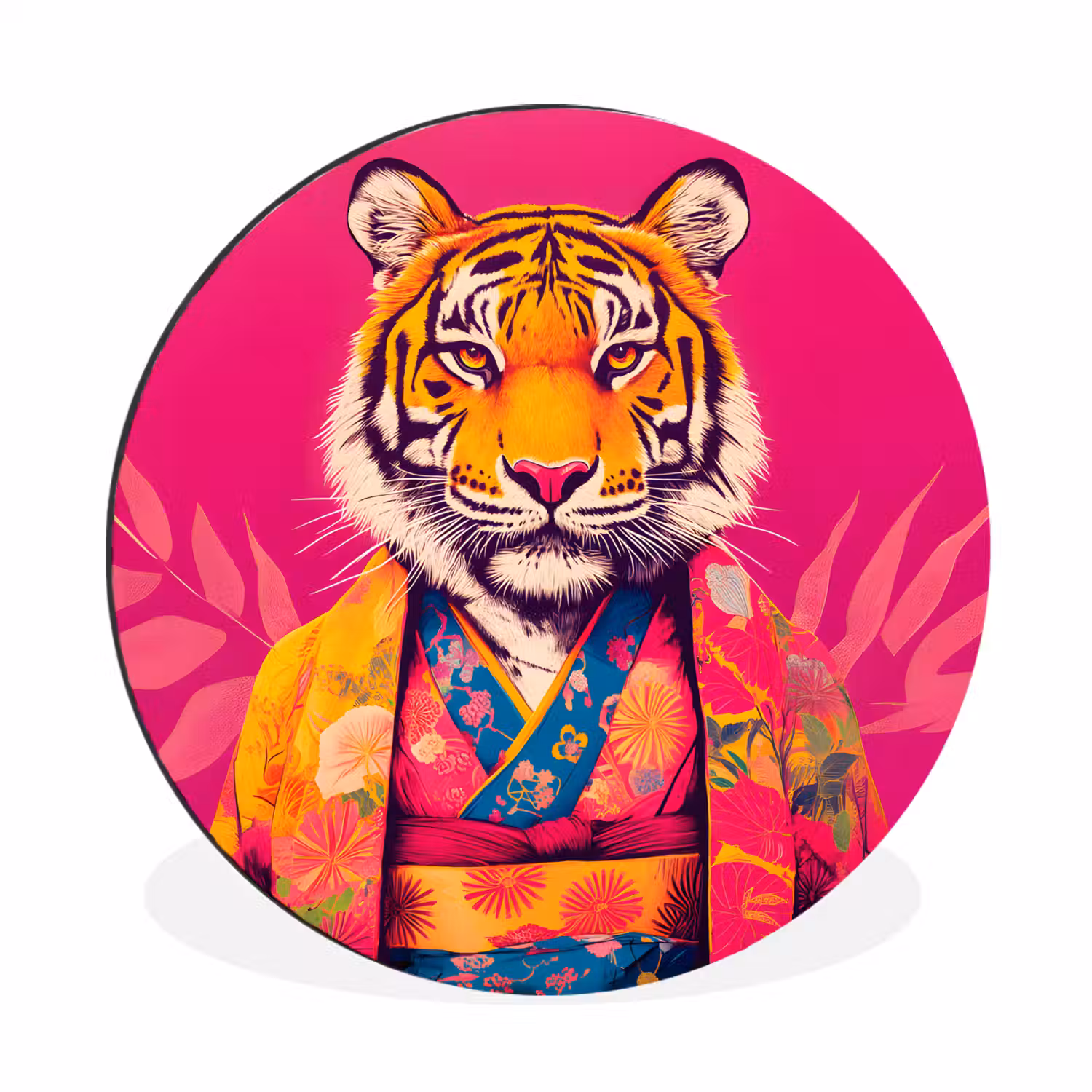 Tijger - Kimono - Planten - Roze Wandcirkel aluminium klein -3d