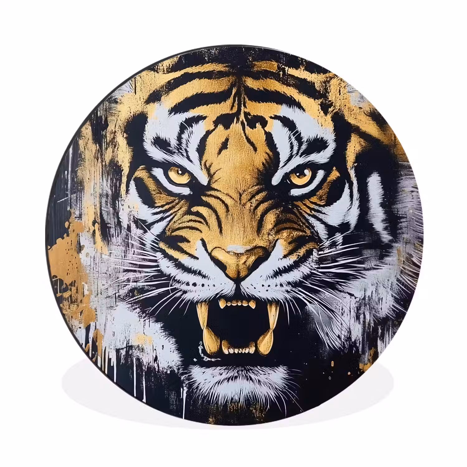 Tijger - Verfspatten - Goud Wandcirkel aluminium klein -3d
