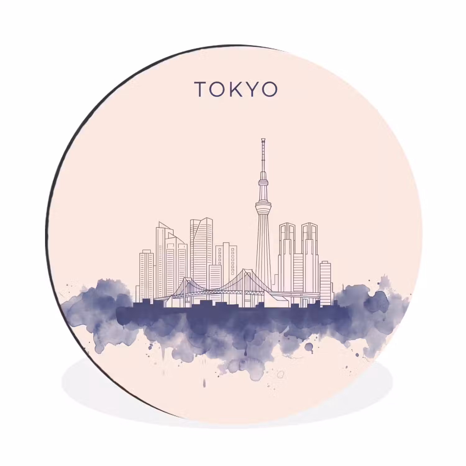 Tokyo - Skyline - Stad - Abstract - Blauw Wandcirkel aluminium klein -3d