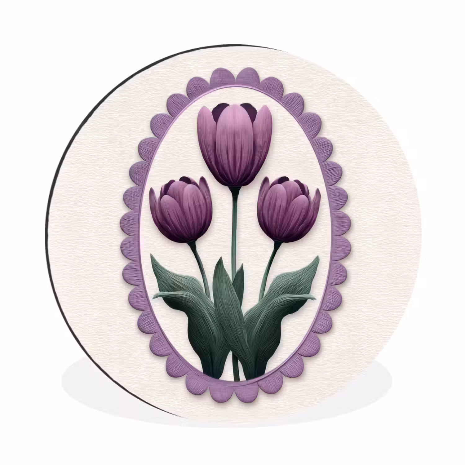 Tulpen - Paars - Lijst - Bladeren Wandcirkel aluminium klein -3d