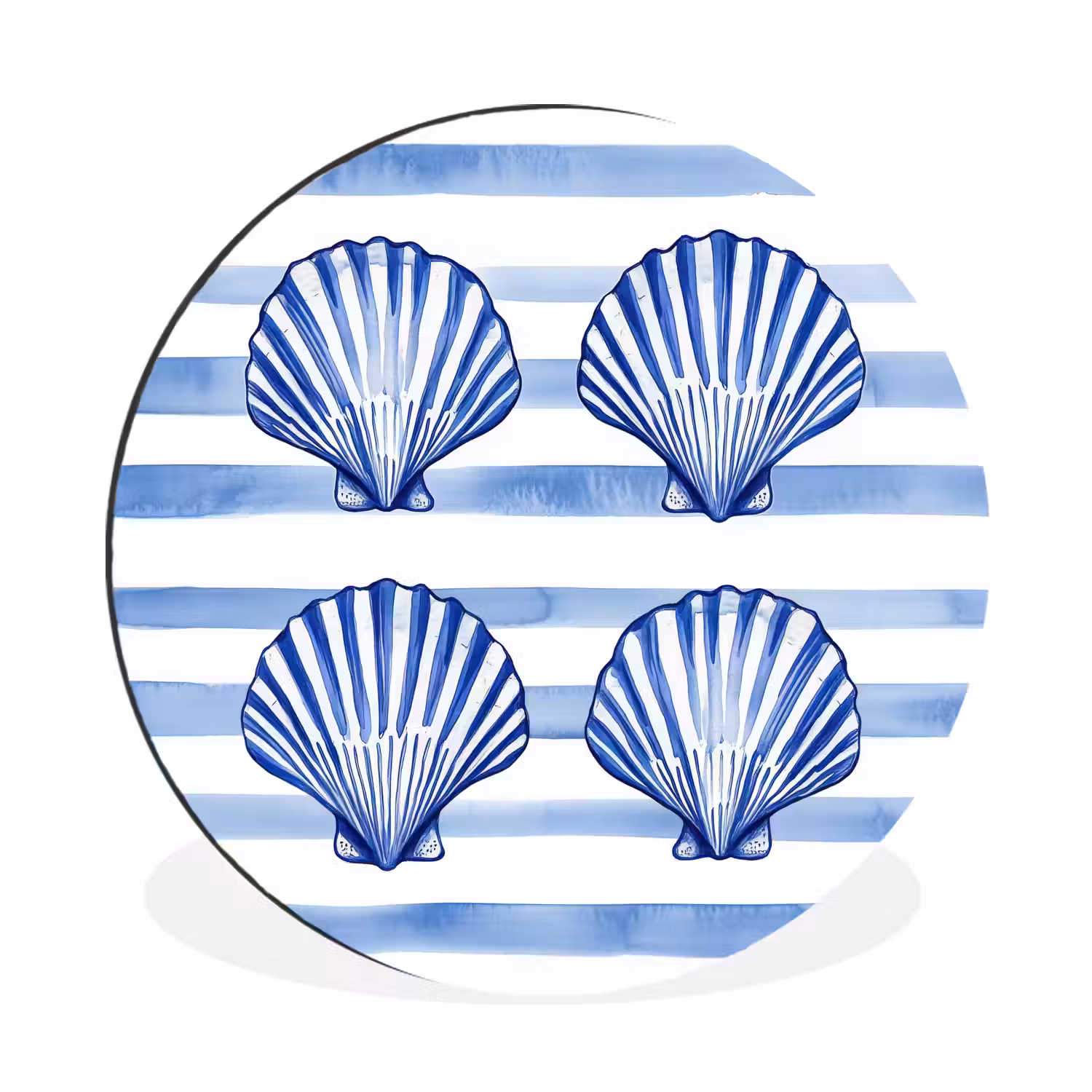 Vier schelpen - Blauw - Wit - Strepen Wandcirkel aluminium klein -3d