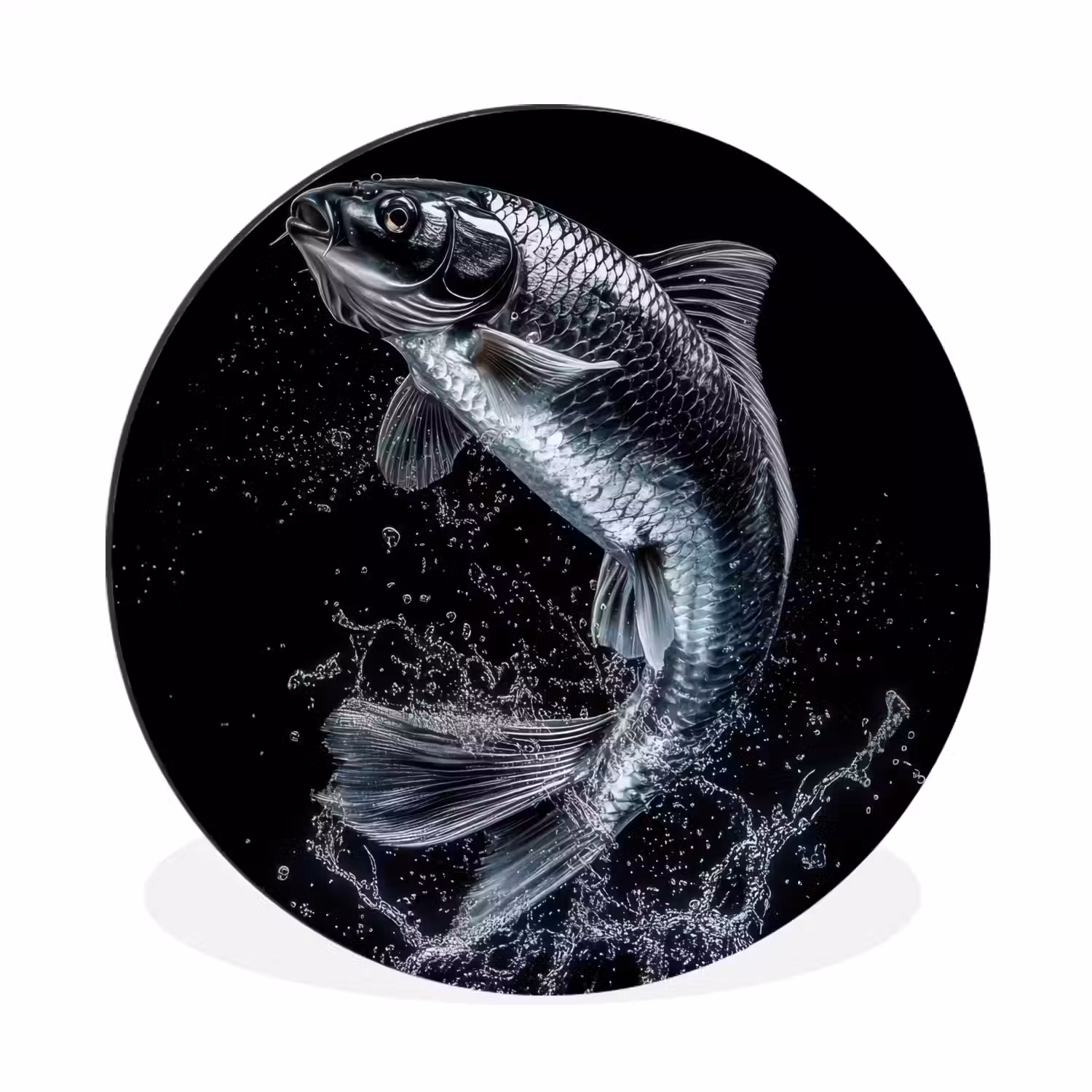 Vis - Koi - Zwart - Water Wandcirkel aluminium klein -3d