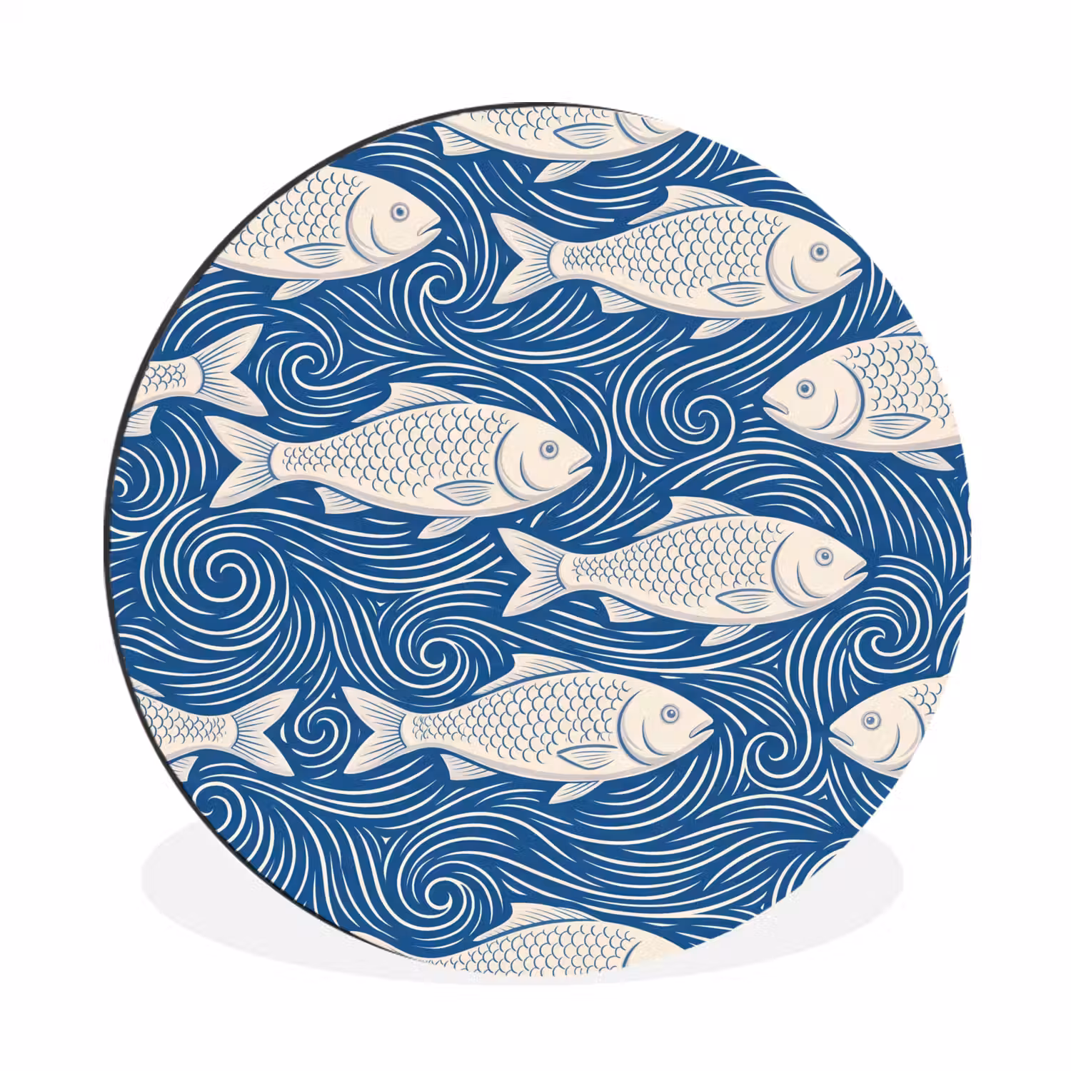 Vis - Water - Patroon - Grafisch - Blauw Wandcirkel aluminium klein -3d