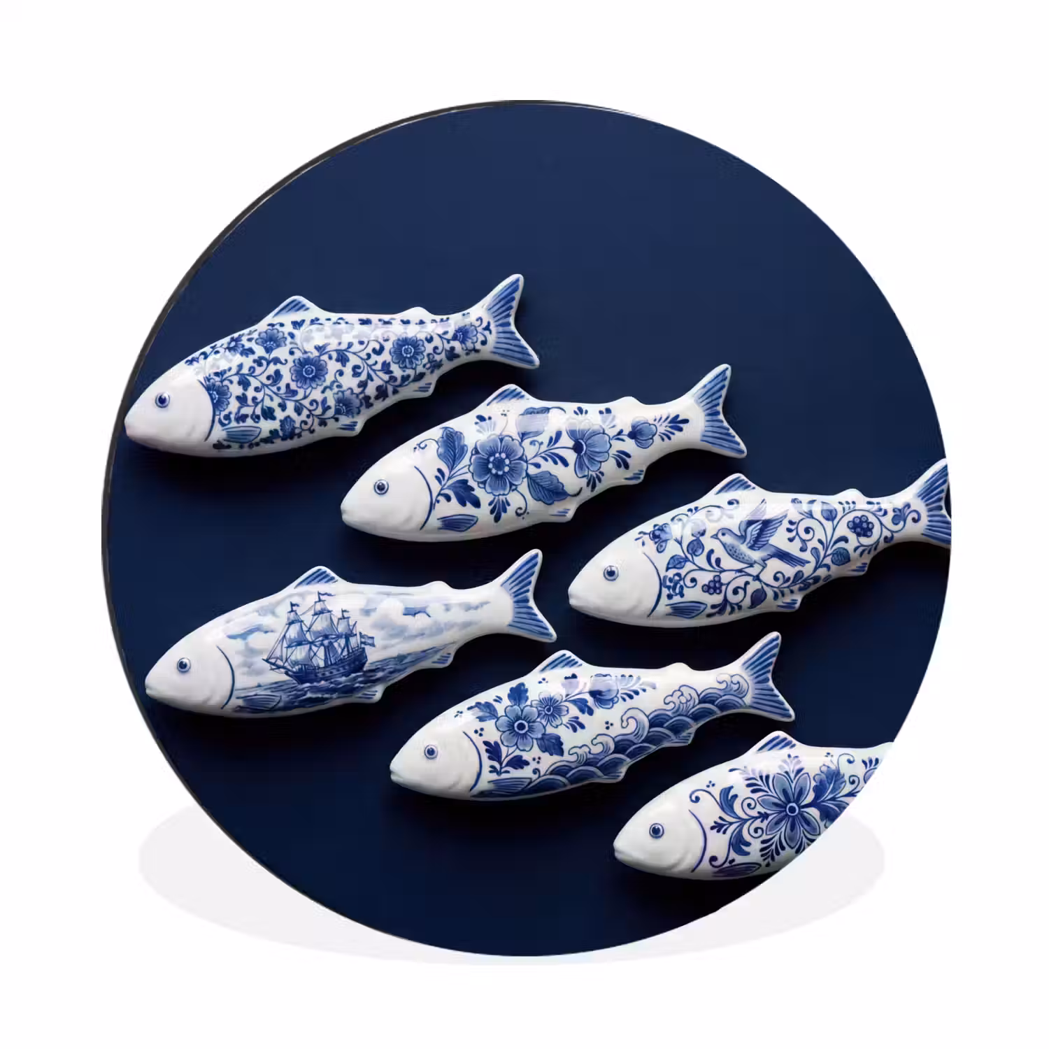 Vissen - Delfts - Blauw - Keramiek Wandcirkel aluminium klein -3d
