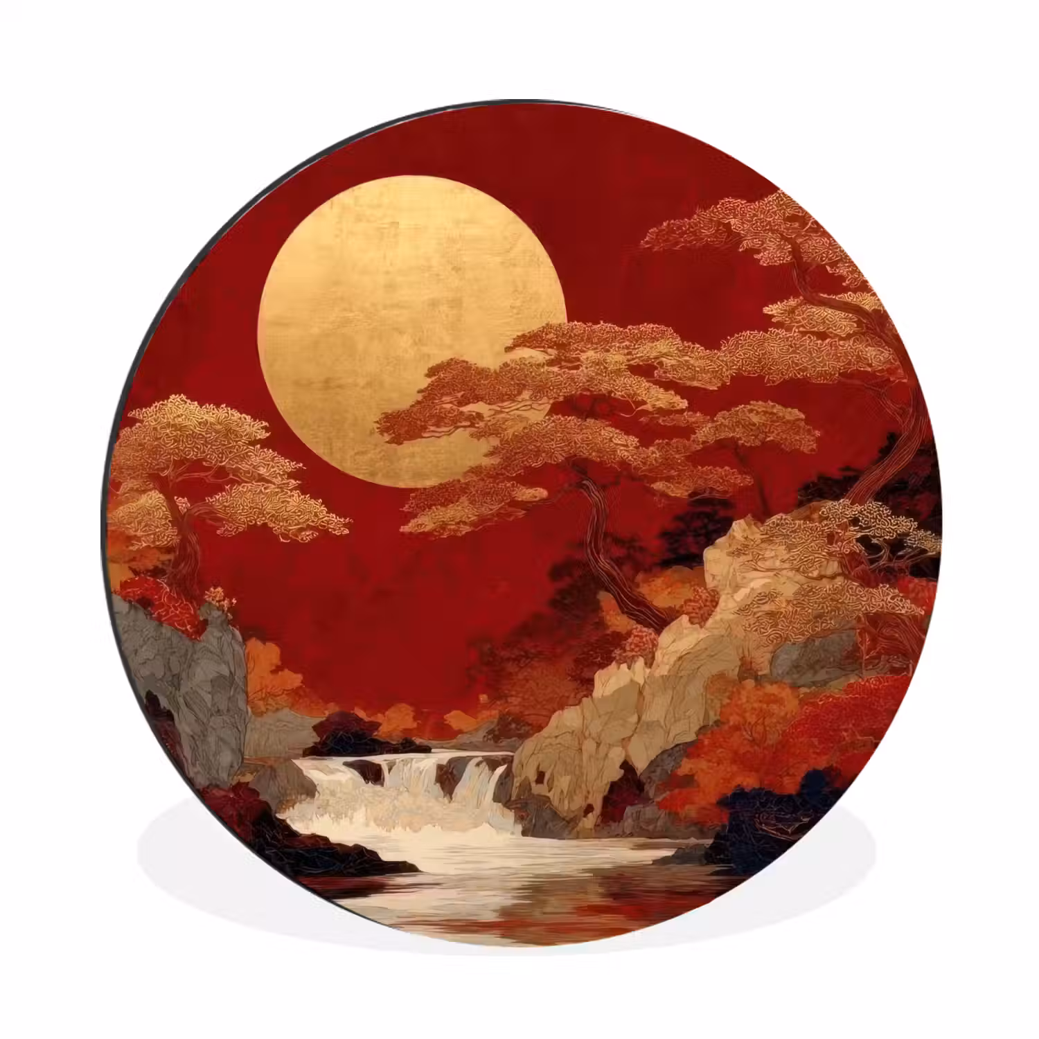 Volle maan - Landschap - Waterval Wandcirkel aluminium klein -3d