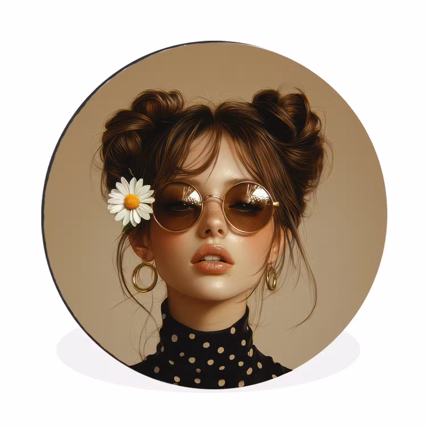 Vrouw - Beige - Bloem - Modern - Portret Wandcirkel aluminium klein -3d