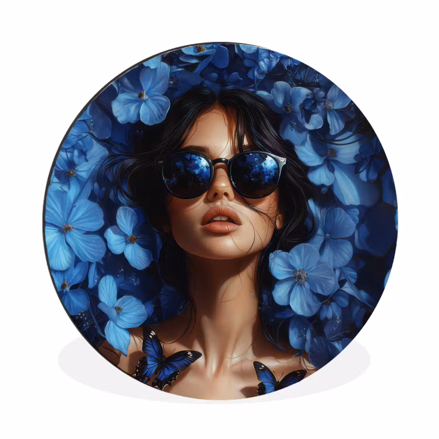 Vrouw - Blauw - Bloemen - Vlinders - Natuur Wandcirkel aluminium klein -3d