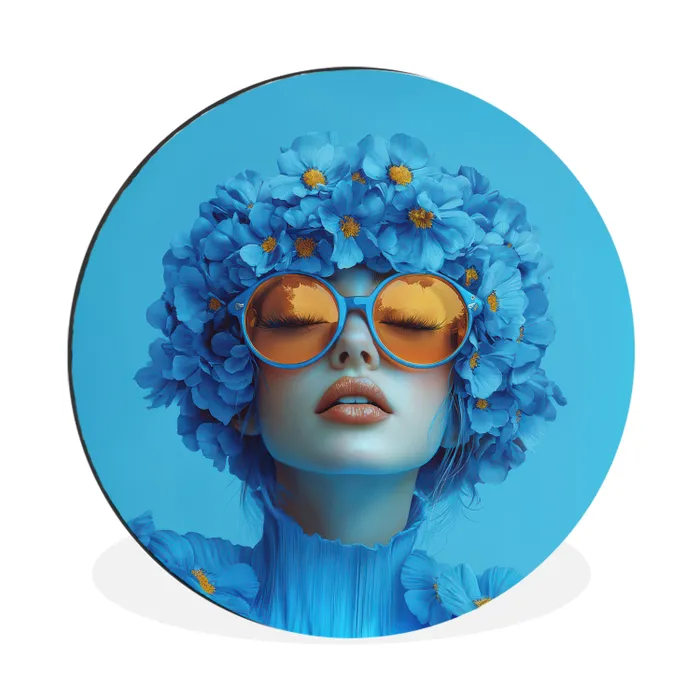 Vrouw - Bloem - Blauw - Modern - Bril - Portret Wandcirkel aluminium klein -3d