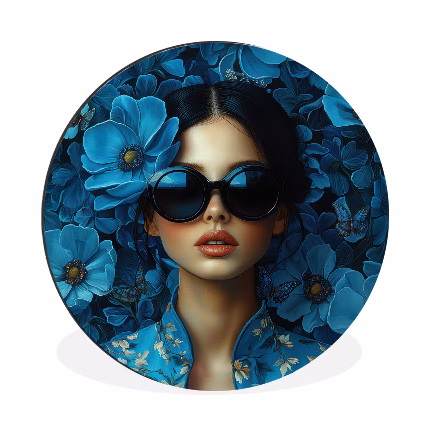 Vrouw - Bloemen - Blauw - Aesthetic - Luxe Wandcirkel aluminium klein -3d