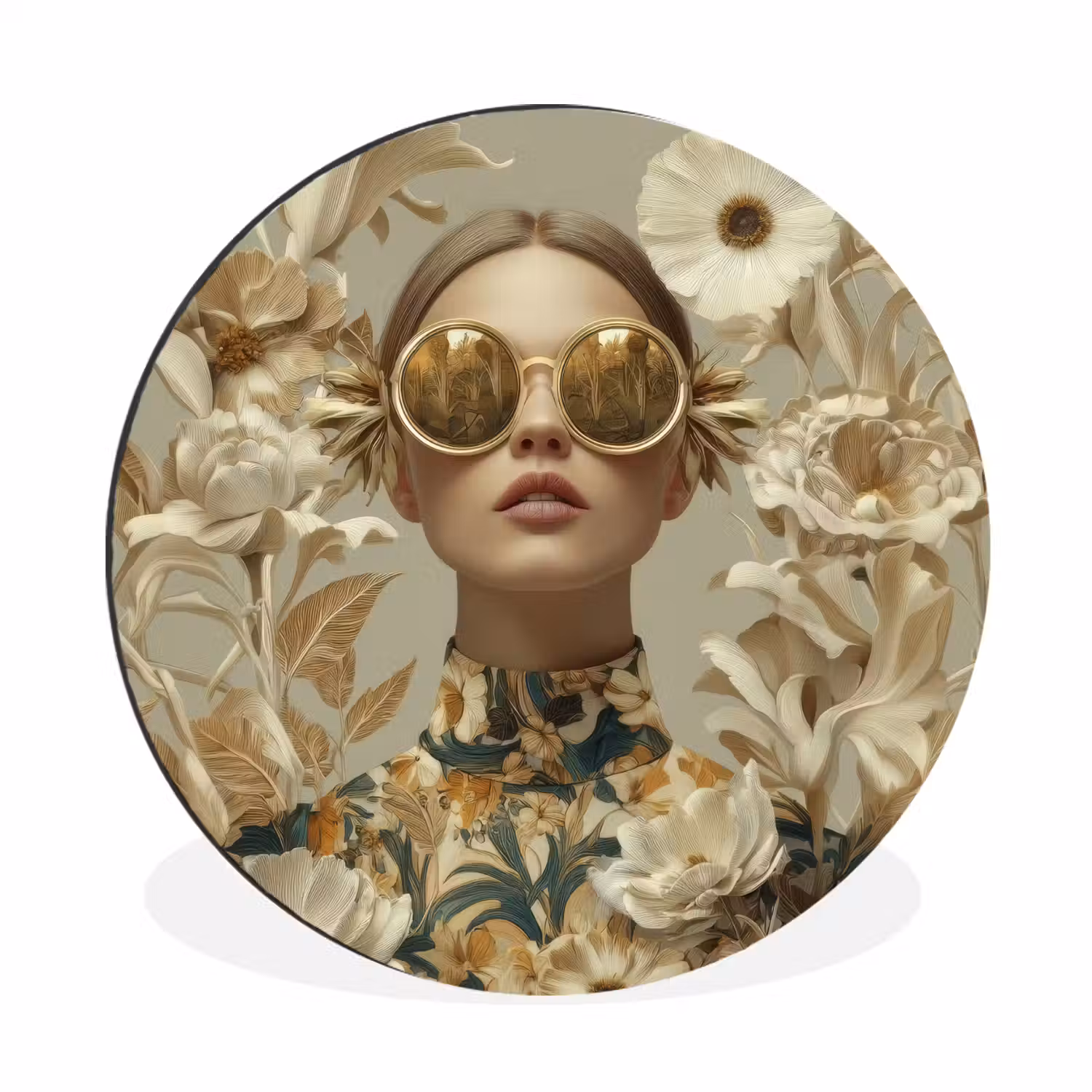 Vrouw - Bloemen - Zonnebril - Wit Wandcirkel aluminium klein -3d