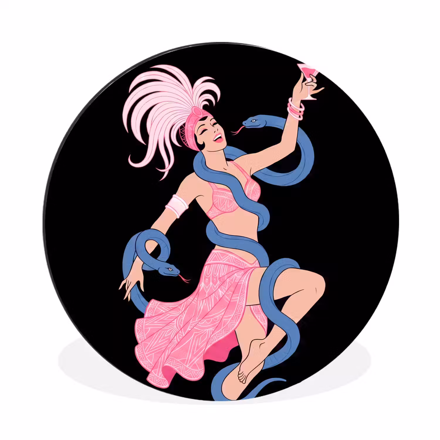 Vrouw - Danseres - Slangen - Art Deco - Roze Wandcirkel aluminium klein -3d