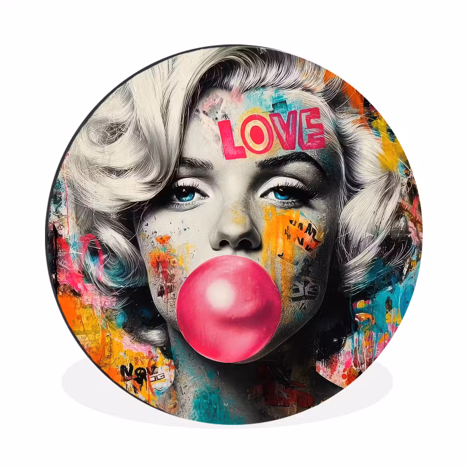 Vrouw - Kauwgom - Graffiti - Neonkleuren Wandcirkel aluminium klein -3d