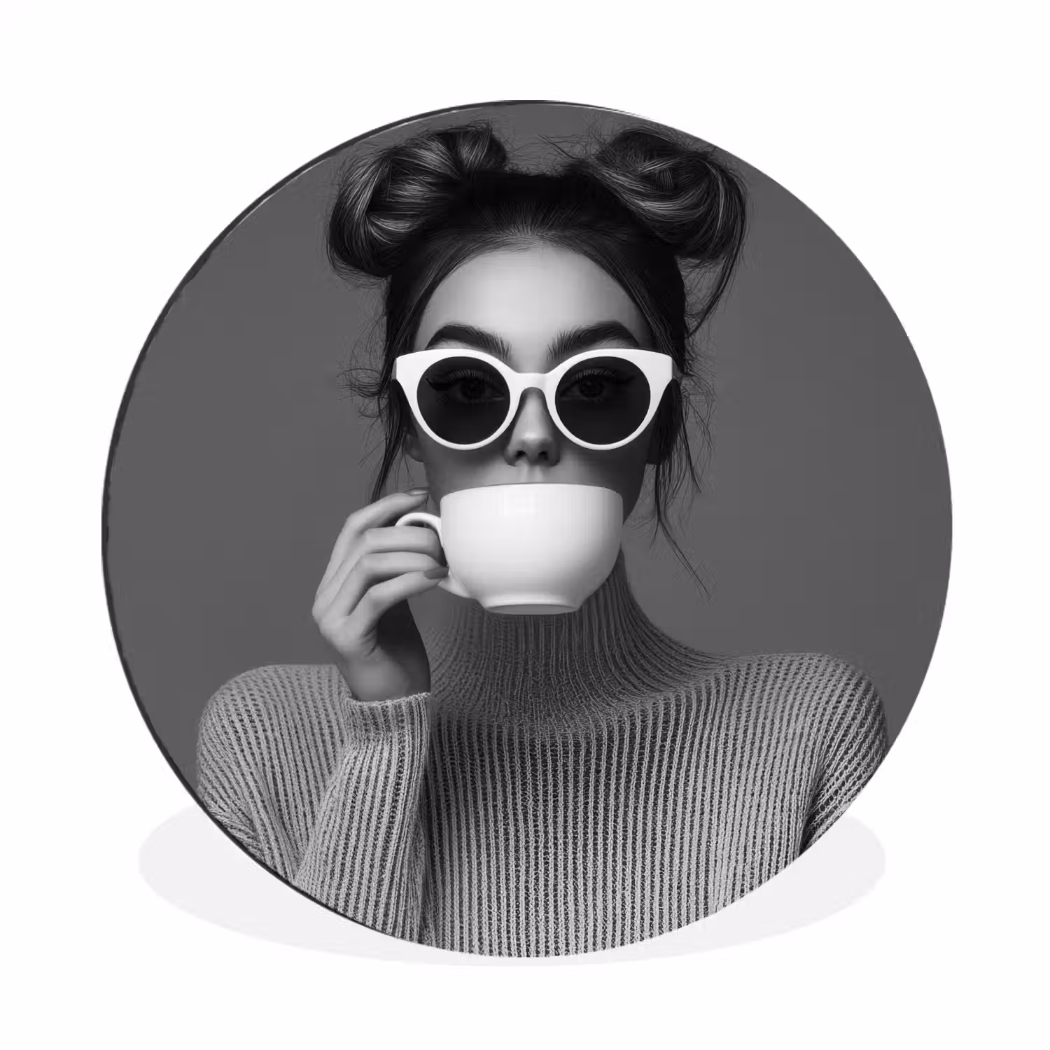 Vrouw - Koffie - Zwart - Wit Wandcirkel aluminium klein -3d