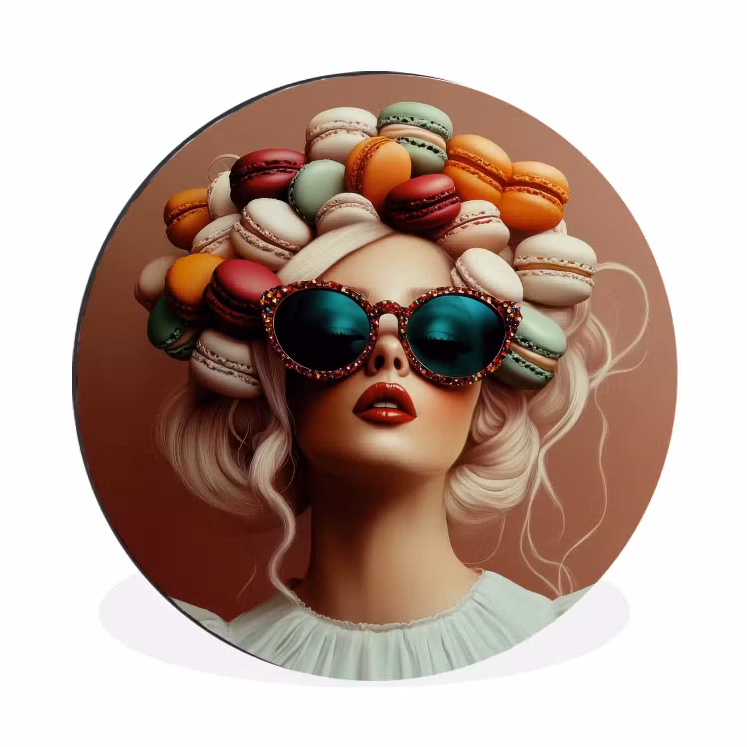 Vrouw - Macarons - Bril Wandcirkel aluminium klein -3d