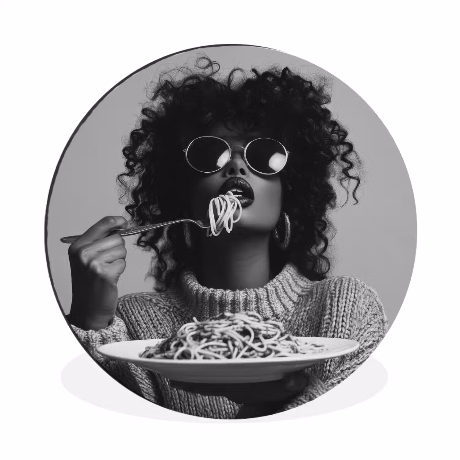 Vrouw - Pasta - Zwart - Wit Wandcirkel aluminium klein -3d