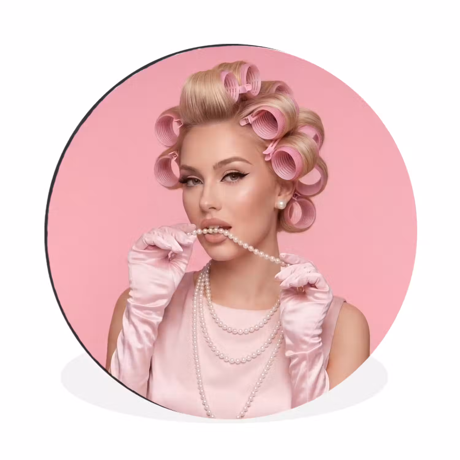 Vrouw - Roze - Parelketting - Krulspelden Wandcirkel aluminium klein -3d