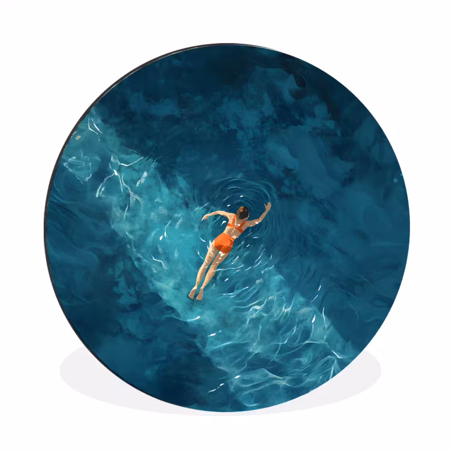 Vrouw - Water - Bikini - Oranje Wandcirkel aluminium klein -3d