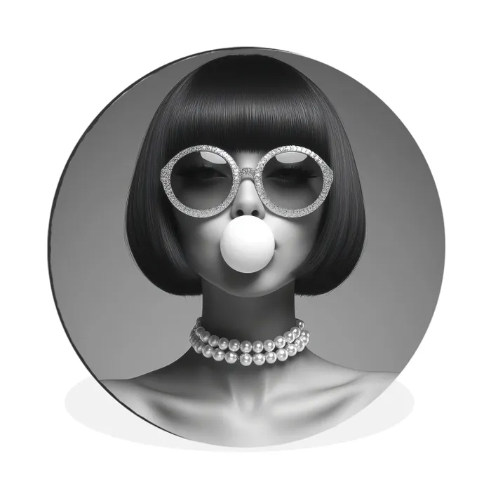 Vrouw - Zwart Wit - Ketting - Zonnebril Wandcirkel aluminium klein -3d