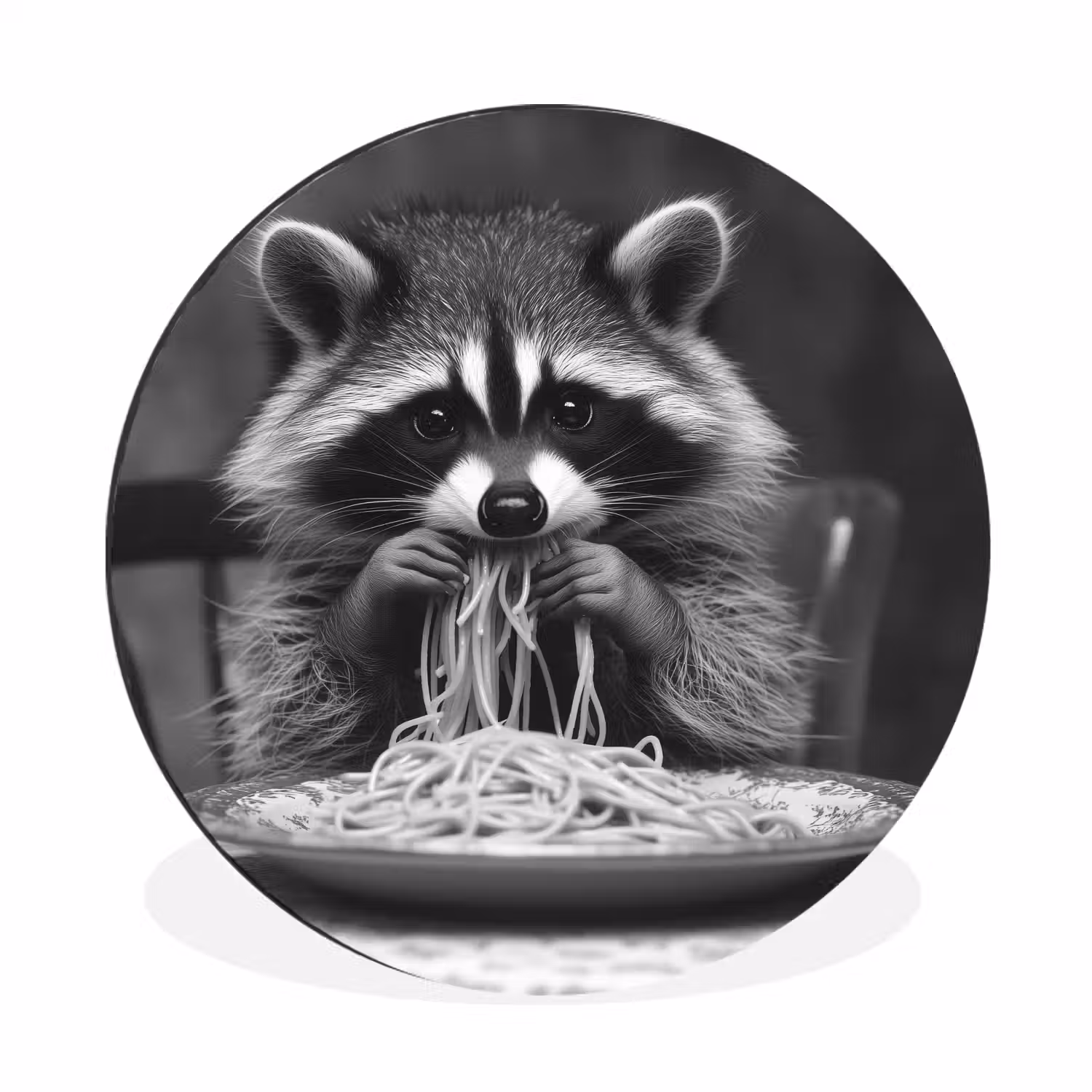 Wasbeer - Cute - Pasta - Tafelkleed - Zwart - Wit Wandcirkel aluminium klein -3d