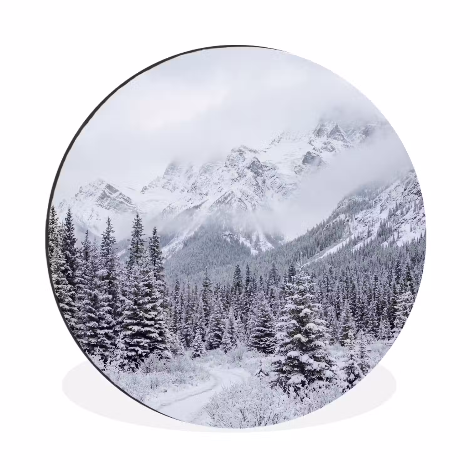 Weg - Bergen - Sneeuw - Naaldbos - Avontuurlijk Wandcirkel aluminium klein -3d