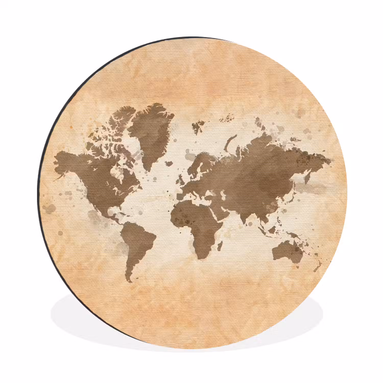Wereldkaart - Beige - Bruin Wandcirkel aluminium klein -3d