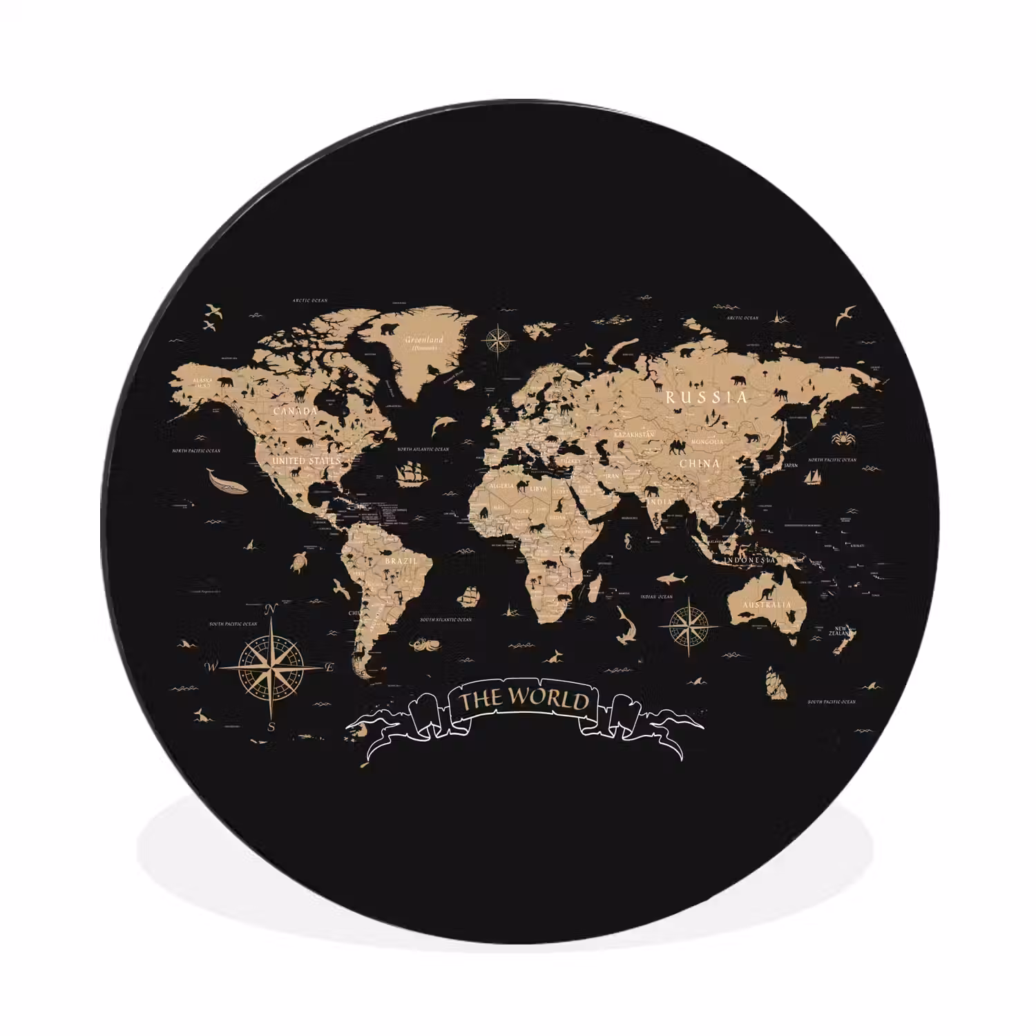 Wereldkaart - Beige - Zwart Wandcirkel aluminium klein -3d