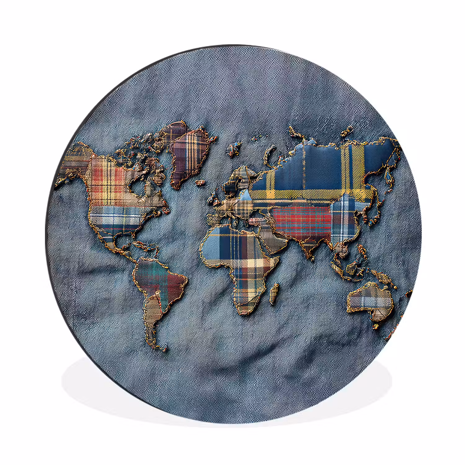 Wereldkaart - Denim - Textiel Wandcirkel aluminium klein -3d