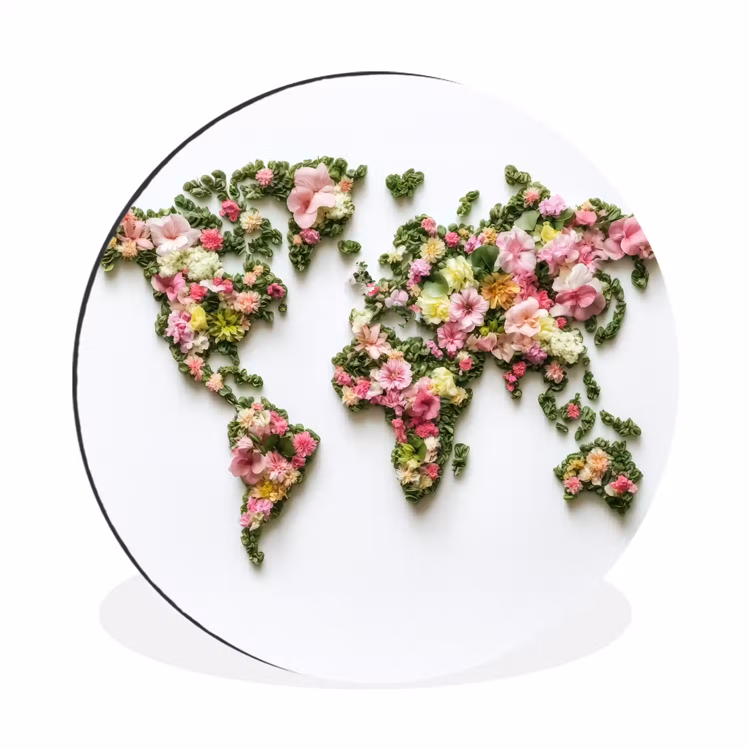 Wereldkaart - Kleurrijk - Bloemen - Lente Wandcirkel aluminium klein -3d