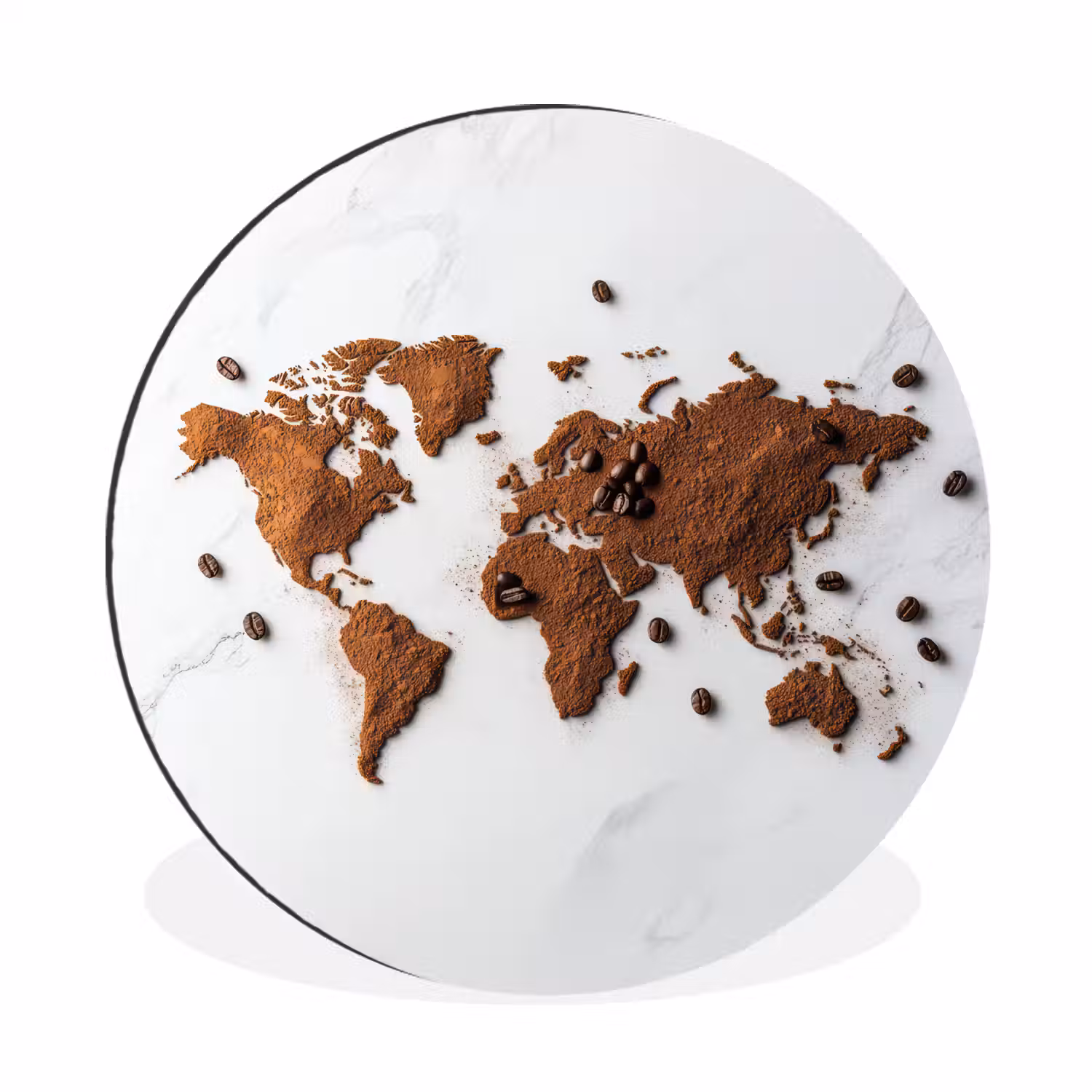 Wereldkaart - Koffie - Marmer Wandcirkel aluminium klein -3d