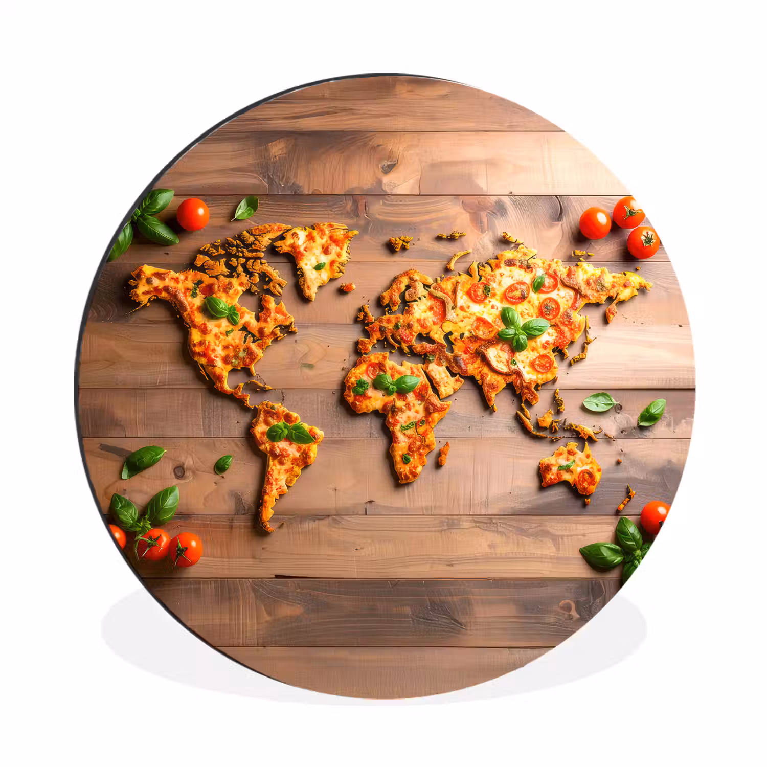 Wereldkaart - Pizza - Houten ondergrond Wandcirkel aluminium klein -3d